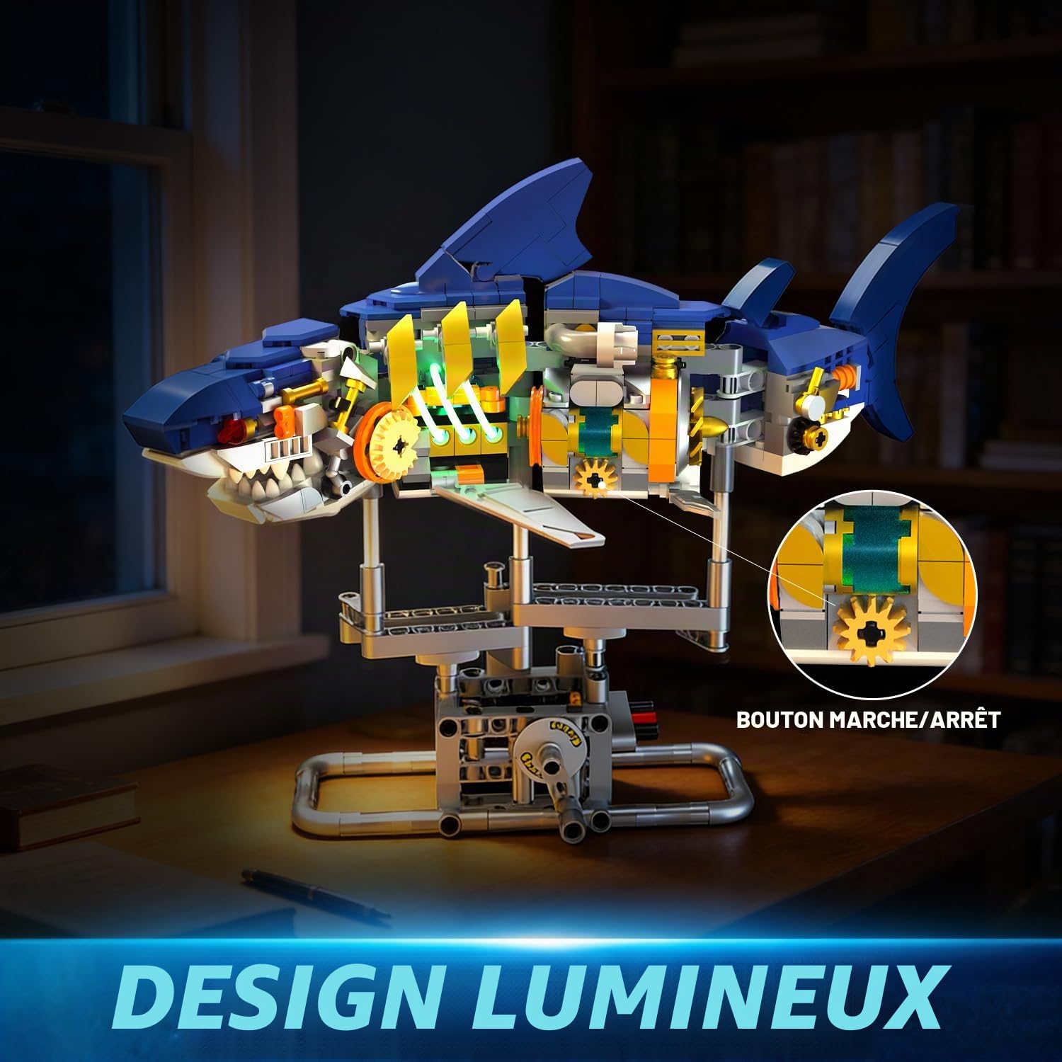INSOON Ensemble de Construction mécanique en Forme de Requin avec lumière, 687 pièces d'animaux de l'océan Mobiles avec Support de présentation, Jouet de décoration d'intérieur pour Adultes