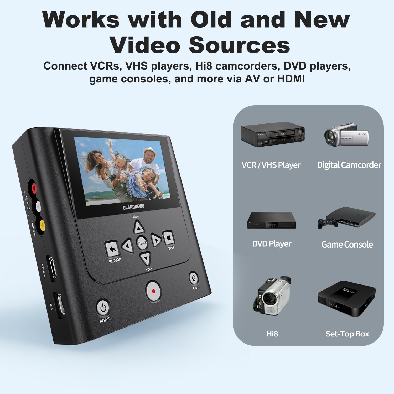 Registratore e convertitore da VHS a DVD con ingressi AV e HDMI, registra vecchi filmati domestici da videoregistratori, lettori VHS e videocamere Hi8 a DVD, unità USB, scheda SD o HDD esterno, nessun