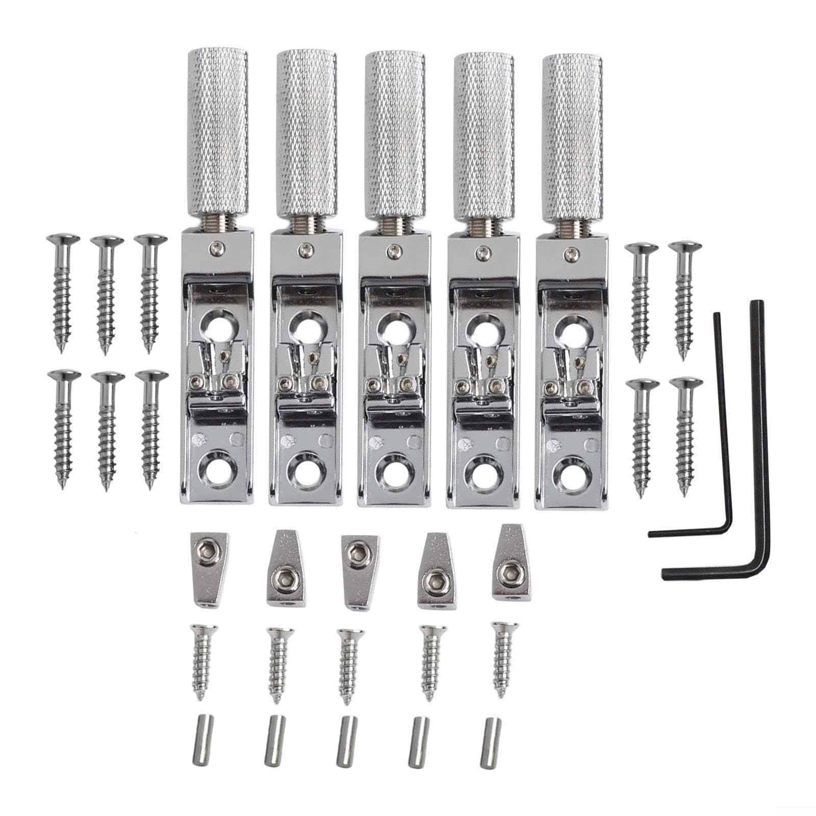 1 set di ponte per basso senza testa per basso elettrico a 4/5/6 corde, ponte split singolo con viti e chiavi, argento, accordatura precisa e stabilità per bassi senza testa (argento, 5 pezzi)