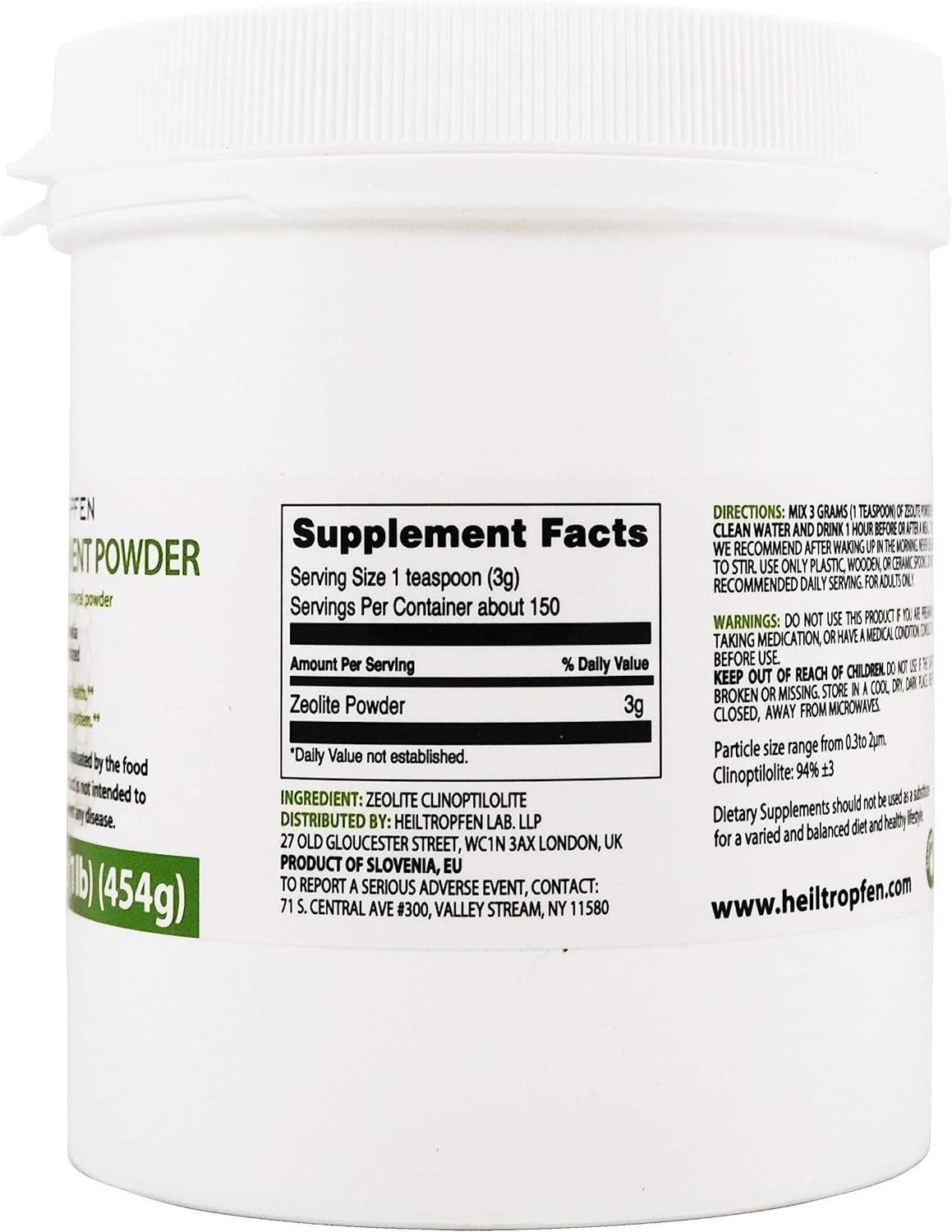 Heiltropfen Zeolite Powder | Dietary Supplement | 3X Activated | 1 lb - 454 g | Detox | Clinoptilolite 94%+-3 | Natural Mineral Dust | Ultra FINE Less-Than 2 µm