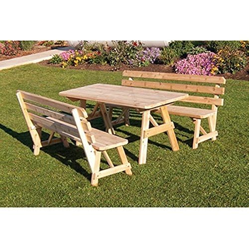 Table with 2 Backed Benches with Umbrella Hole, Gray Stain