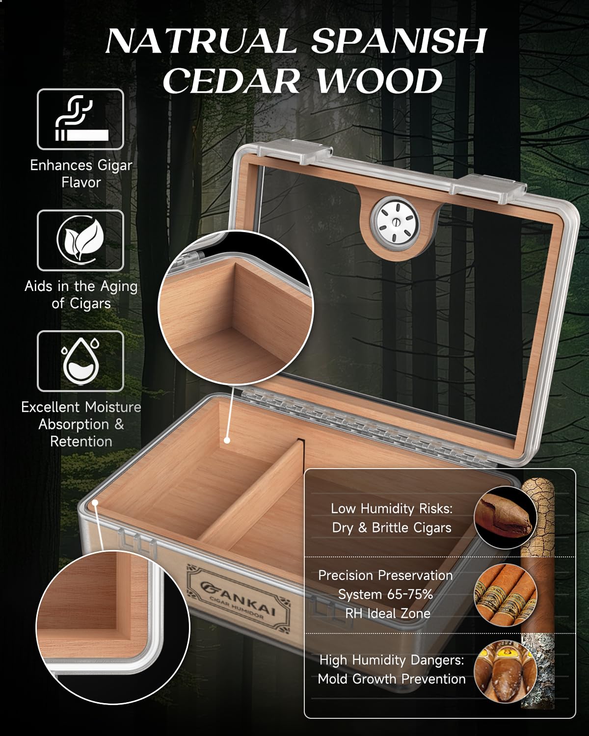 Cave à cigares, avec guillotine droite, coupe en V, perforatrice et support, étui à cigares en verre, doublure en bois de cèdre, accessoires humidificateur, hygromètre, coffret cadeau