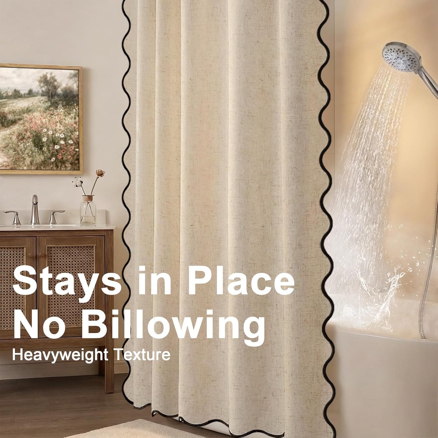 Extra Long Shower Curtains 84 Inch Linen Beige Cute Black Scalloped Boho Modern Shower Curtains for Bathroom Set, 72" W x 84" L