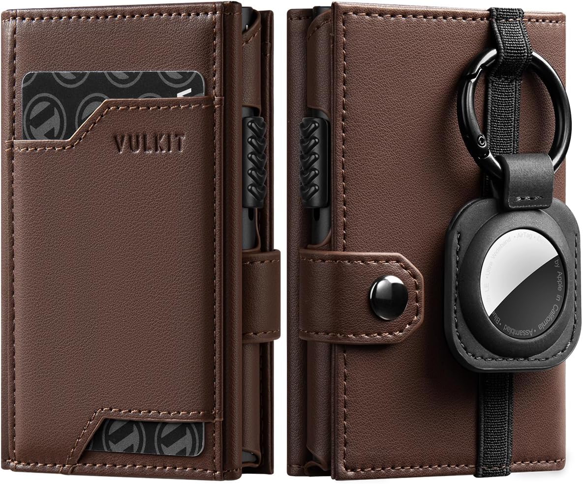 VULKIT Airtag Wallet with Keyring Leather Mens Pop up Credit Card Wallet with Air Tag Holder Trifold ID Window RFID Blocking(Espresso)