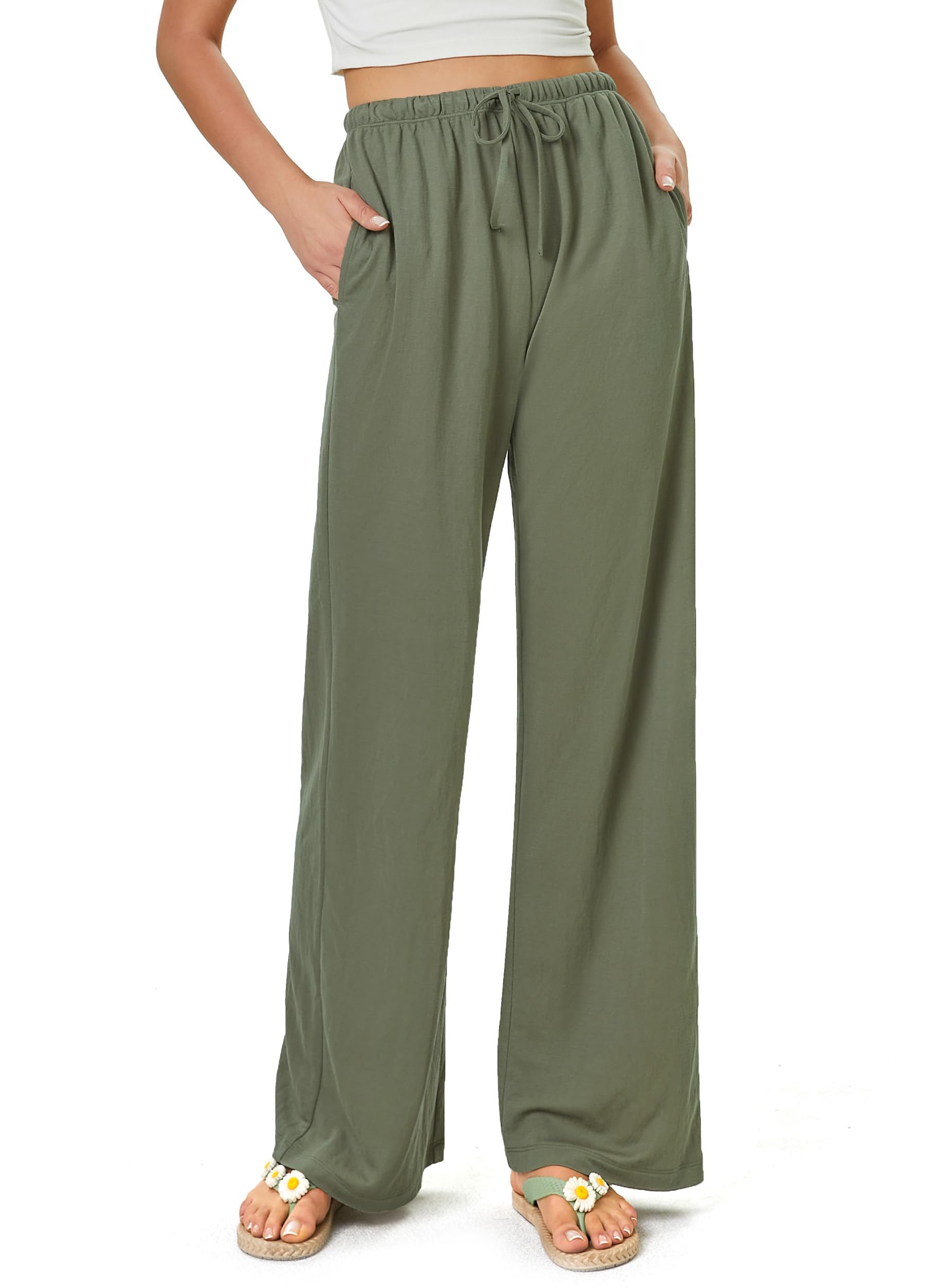 Glacspyg Damen Hosen Flowy Wide Leg Freizeithose Casual Beach Strandhose High Waisted Kordelzug Palazzo Hosen mit Taschen