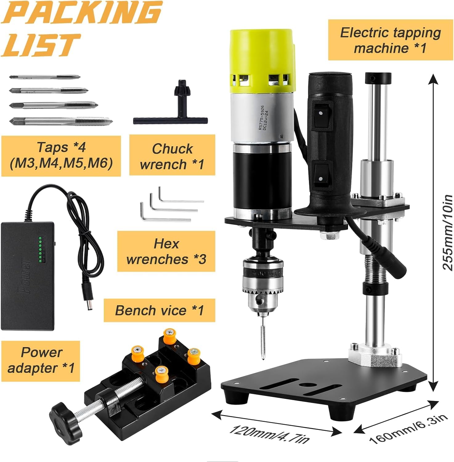 TYH Maschiatrice Elettrica Verticale, Braccio Maschiatore Universale, Legno E Plastica 100-200 Giri/min, con Morsa E 4 Maschi Regolabili per Maschiatrici E Foratrici