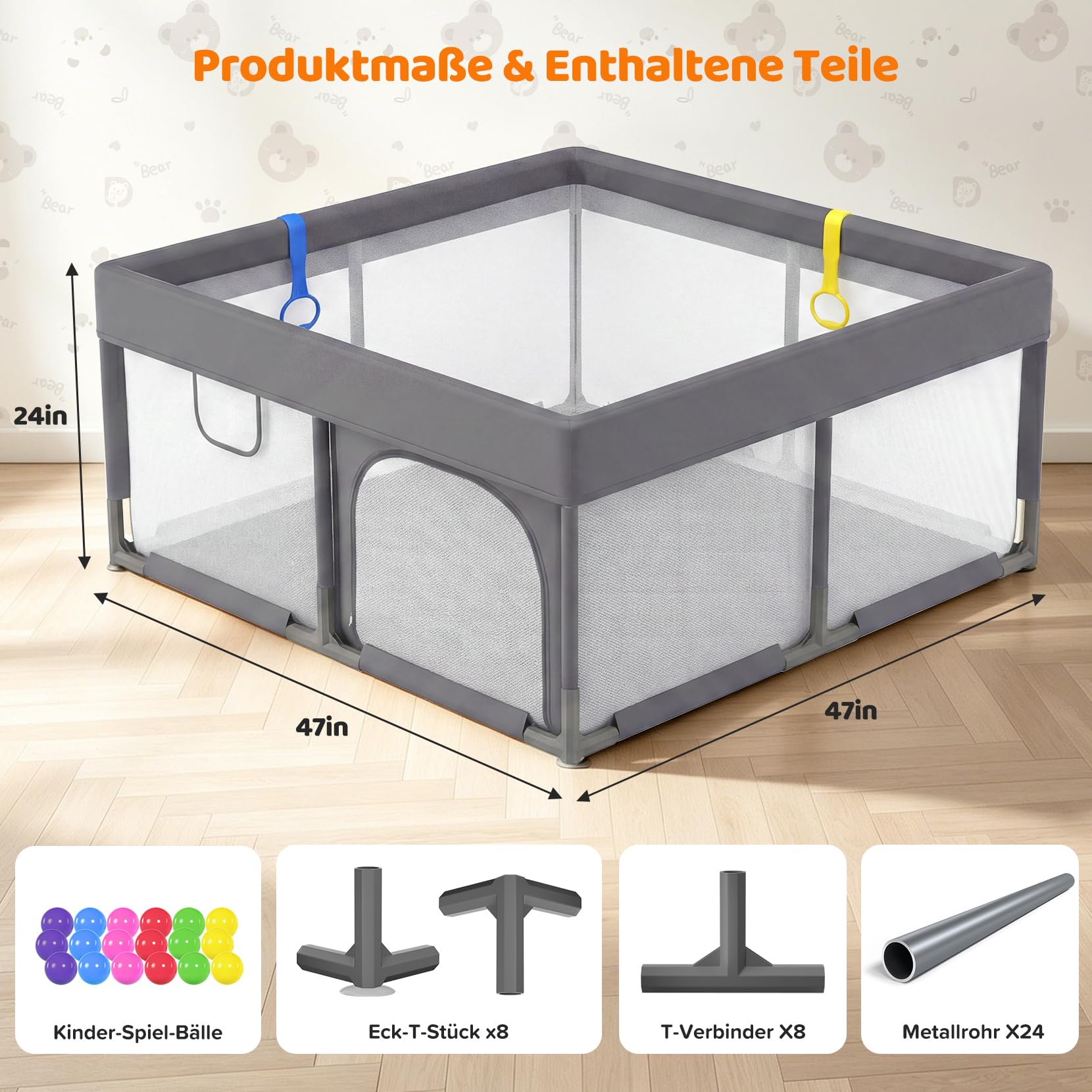Dripex Laufstall Baby, Großes Laufgitter Baby faltbar für 2-3 Kinder, Indoor & Outdoor laufgitter & -Ställe mit atmungsaktivem Netz & 5 Pull-up Rings, 47x71", Hellgrau | All-in-One Design mit rundum gepolstertem Rahmen, integrierter Matte, 2 Greifringen u