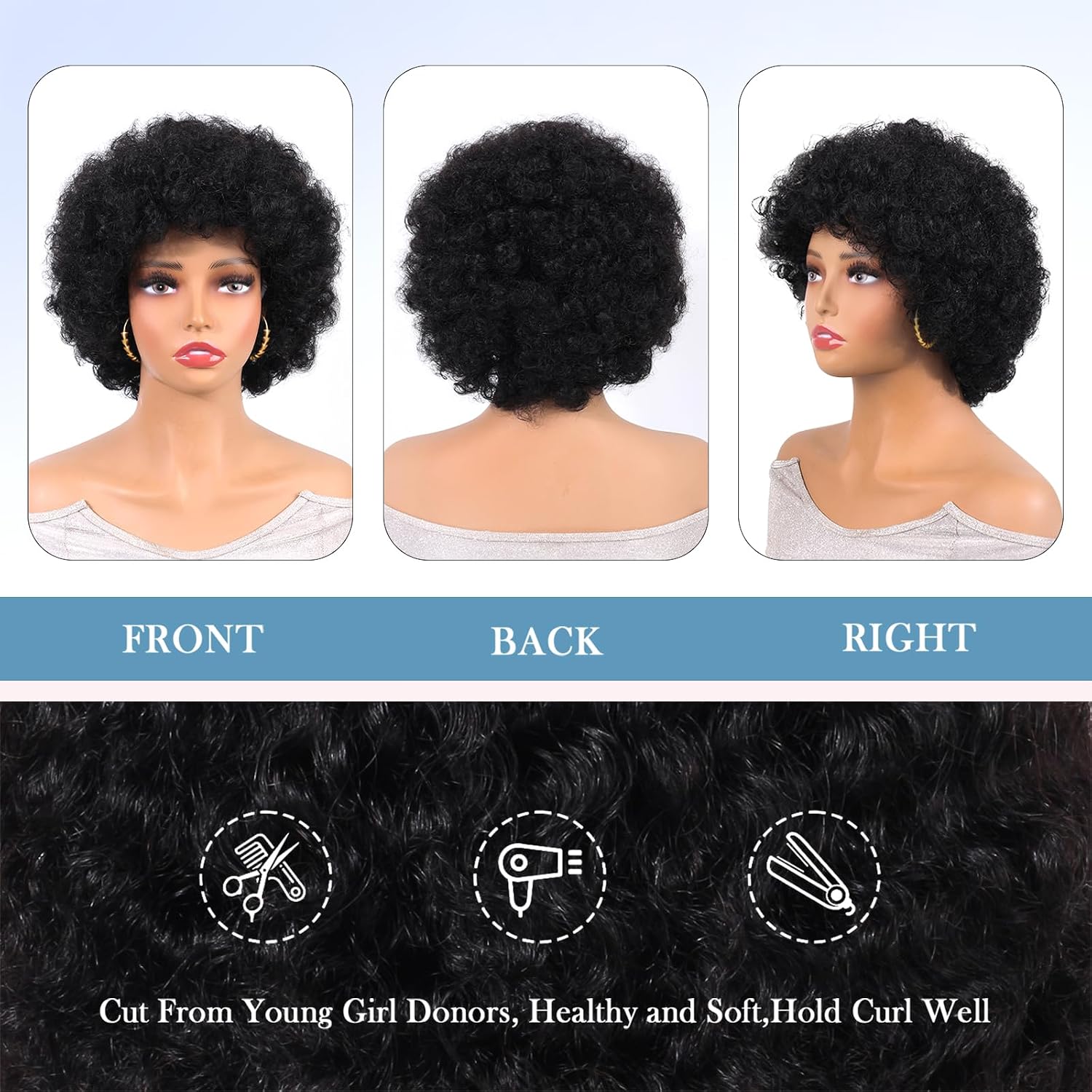 70’s Afro Wigs for Black Women 100% Human Hair Short Curly Wig With Bangs Bouncy Puff Curly Bob Wig None Lace Front Wigs Human Hair
