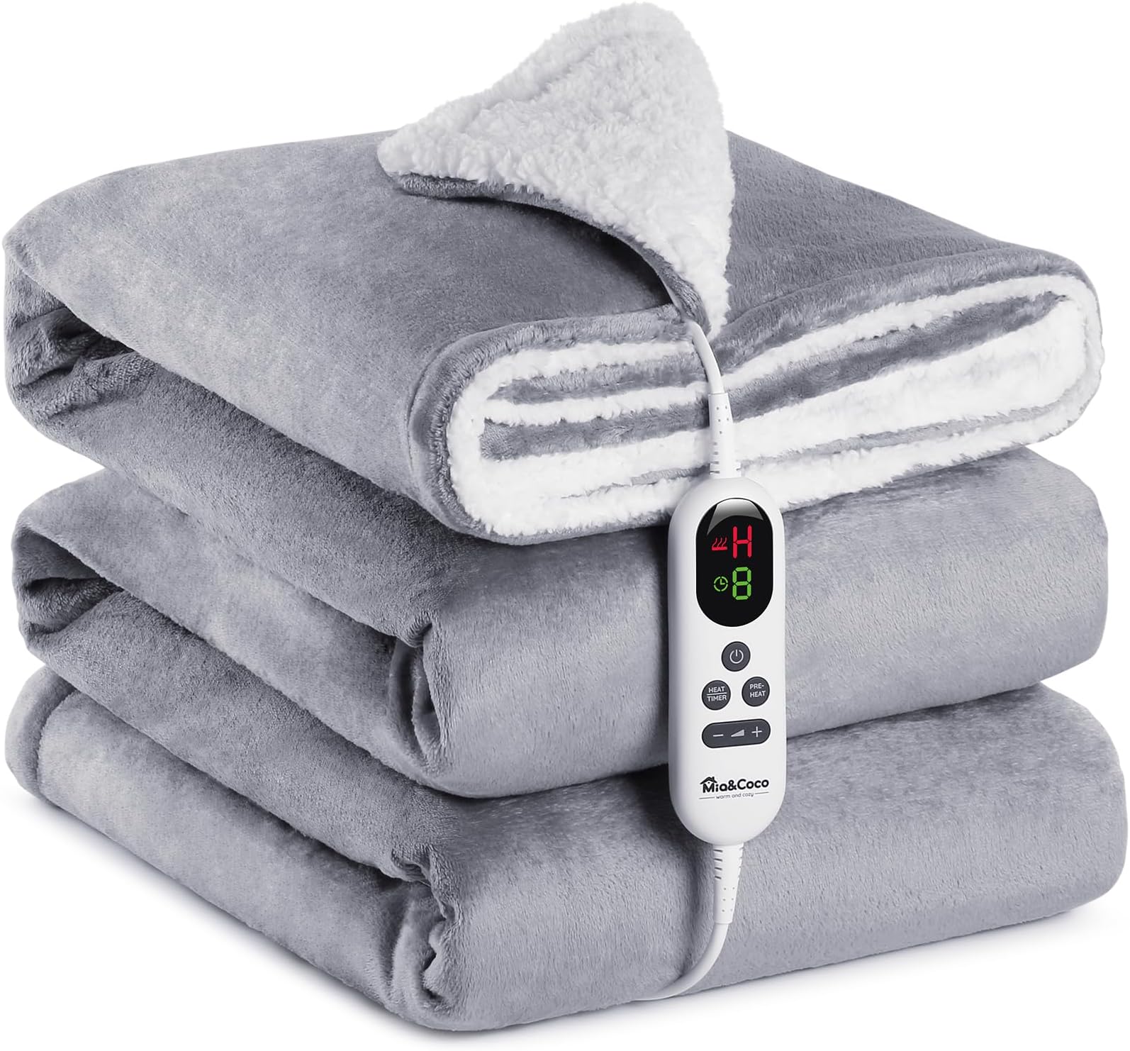 Mia&Coco Electric Heated Blanket Throw Flannel Sherpa Fast Heating 120x160cm, 10 Heat Levels & Up-to-9-Hours Auto-Off Timer & LED Display, for Home Office Use, Machine Washable, ETL Certified, Grey