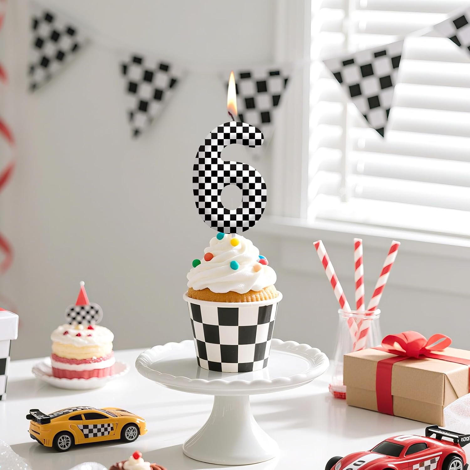 Racing Cars Number 17 Birthday Candles, Black White Checkered Flag Themed Cake Topper for Boys Girls, Cake Decorations for Birthdays, Race Car Theme Party Supplies, Candles for Party Decorations image 5