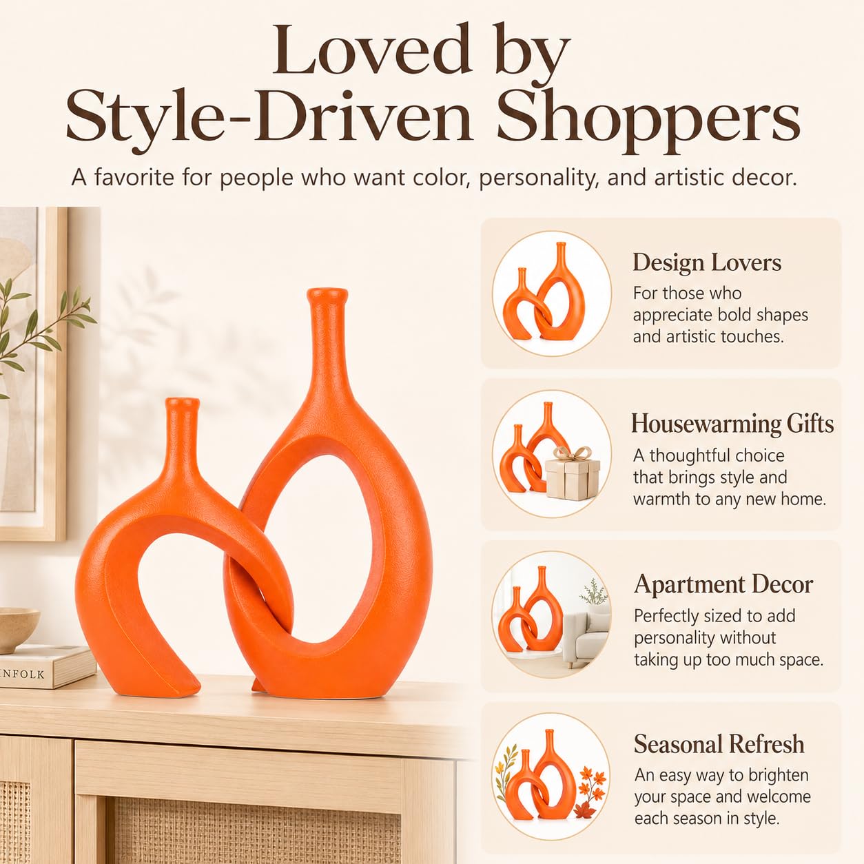 Orange Keramik Vase Set 2 für Moderne Wohnkultur, Runde Matte Donut Vasen für Pampasgras, Nordischer Minimalismus Boho Stil Dekor für Wohnzimmer Hochzeit Abendessen Tisch Party Büro Schlafzimmer