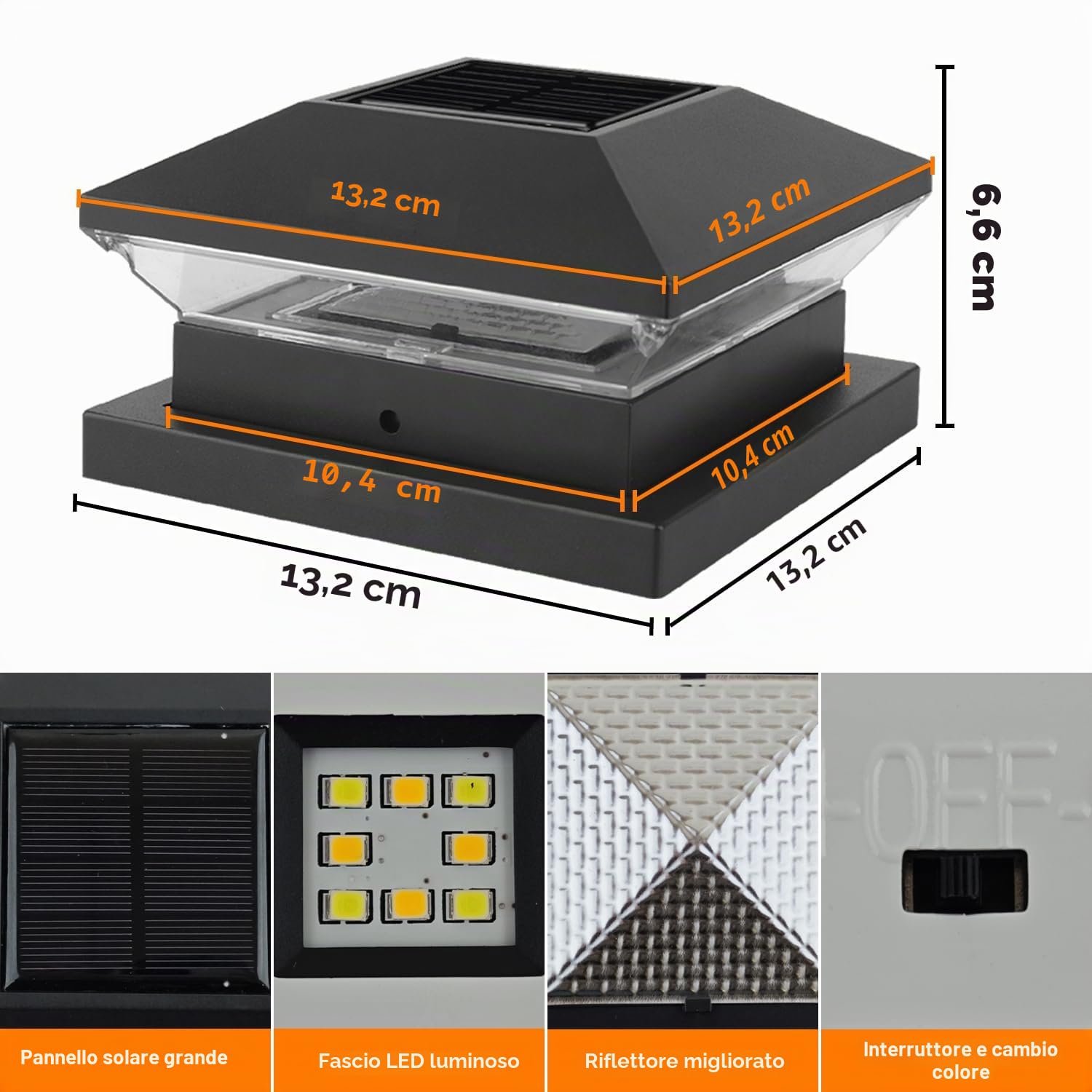 NATPOW Luce Solare Pilastro, 4 Pezzi 3000K/6000K Solare Pilastro Giardino, Auto ON/OFF Solari Esterno Giardino, IP65 Impermeabile per Patio Recinzione Pali