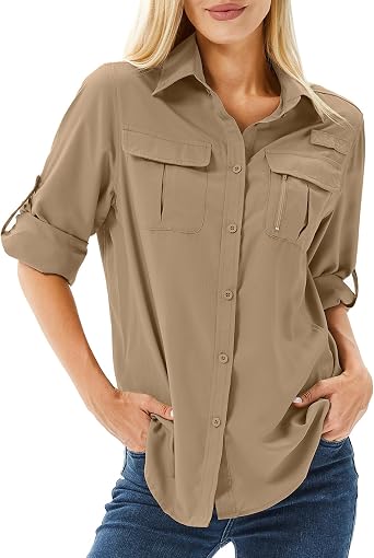 Womens UPF 50 Long Sleeve Sun Protection Shirts Safari Fishing Hiking