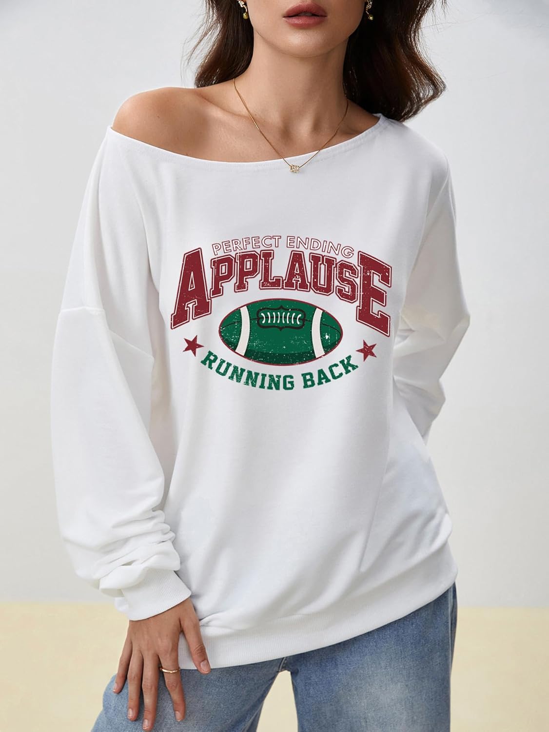 Women's Off Shoulder Letter Graphic Sweatshirt Long Sleeve Pullover Sweatshirts - Image 4