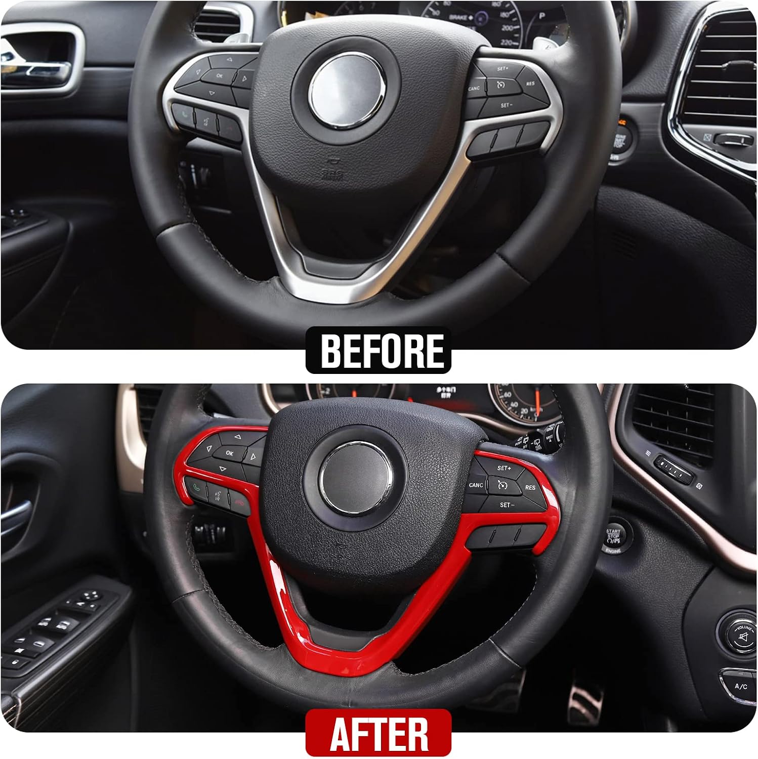 JeCar Steering Wheel Trim Cover Interior Decoration Trim Kit for 2014-2020 Jeep Grand Cherokee & Jeep Cherokee, Red