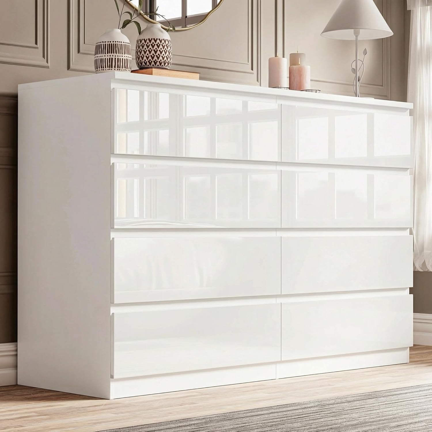 Blisswood High Gloss Chest of Drawers 8 Drawer Bedroom Large Storage Unit with Metal Runners, White Dresser cabinet for Clothes Living Room Bedroom Nursery Office Furniture 40D x 115W x 97H CM White