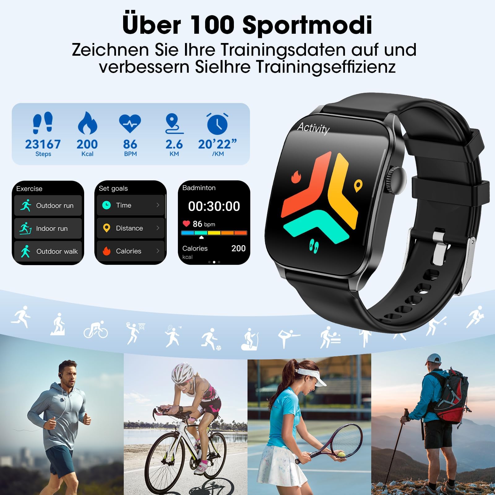 Smartwatch Herren Damen, 1,91" HD-Kurvdisplay Smart Watch mit Bluetooth Anrufen, 100+Sportmodi Fitnessuhr mit Herzfrequenz/Schlafmonitor/Schrittzähler, IP67 Wasserdicht Sportuhr für Android iOS | 100+Sportmodi Fitnessuhr mit Bluetooth Anrufen Herzfrequenz