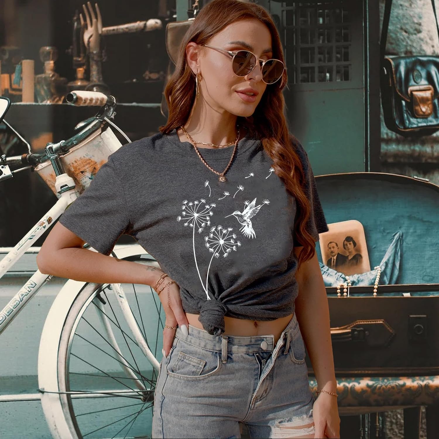 Women's Dandelion T Shirts Cute Wildflower Graphic Tees Funny Nature Bird Print Summer Casual Short Sleeve Tee Tops - Image 4