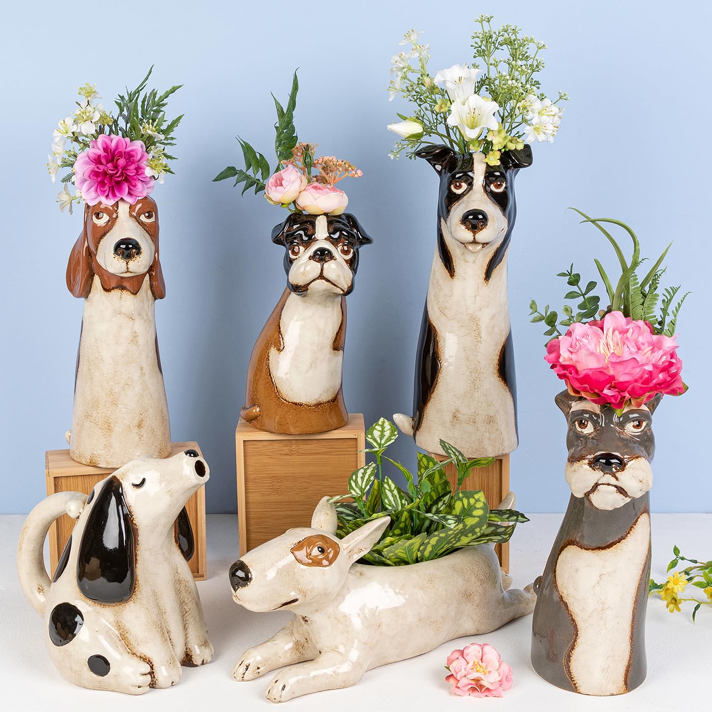 Village Pottery Top Dog Vase Collection – Boxer, Collie, Basset, Patch et Plus Encore