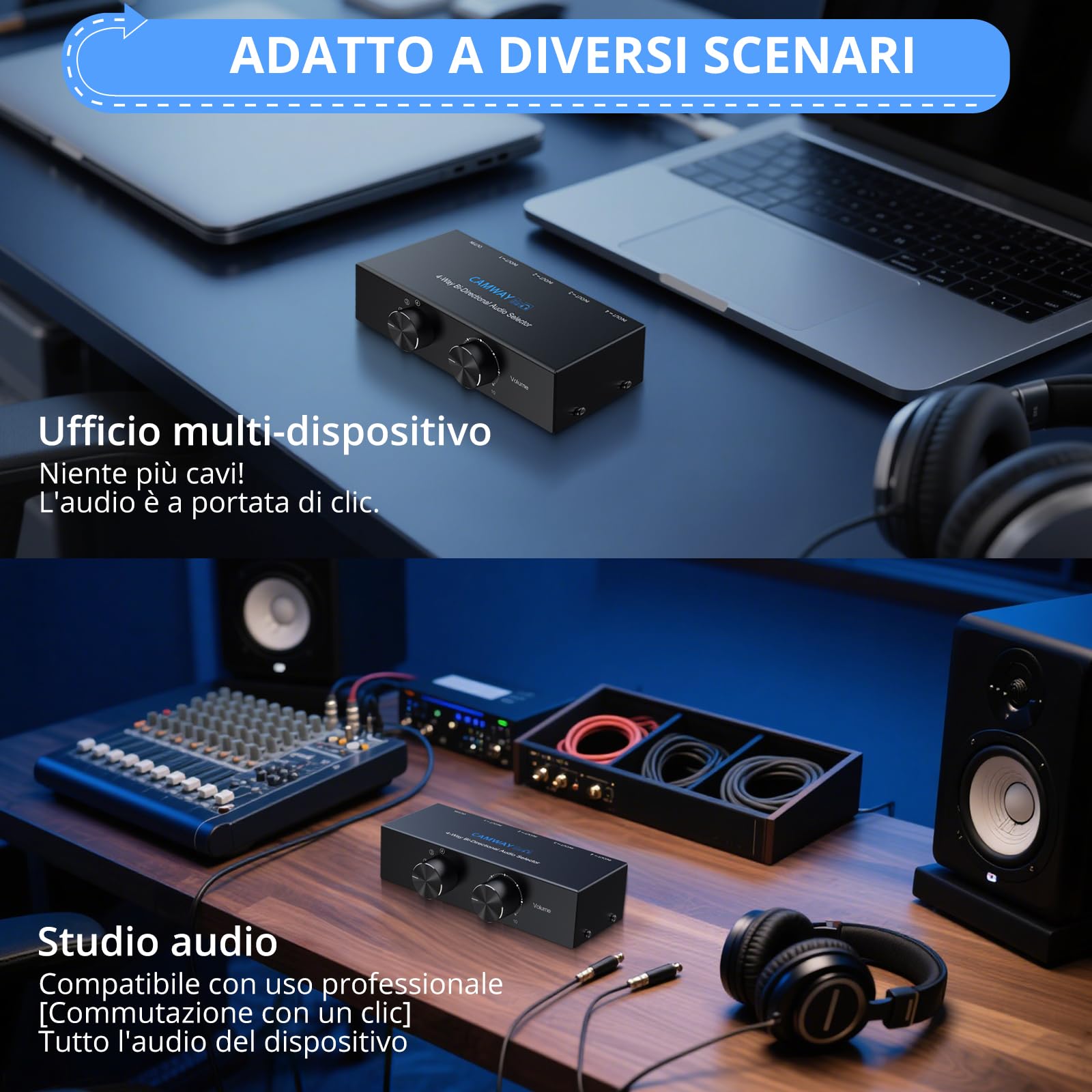 CAMWAY Commutatore Audio Bidirezionale 1x4/4x1 RCA e 3.5mm con Manopola di Controllo del Volume e Interruttore OFF,Selettore a 4 Porte per Cuffie Amplificatori,Bidirezionale Aux Sound Splitter