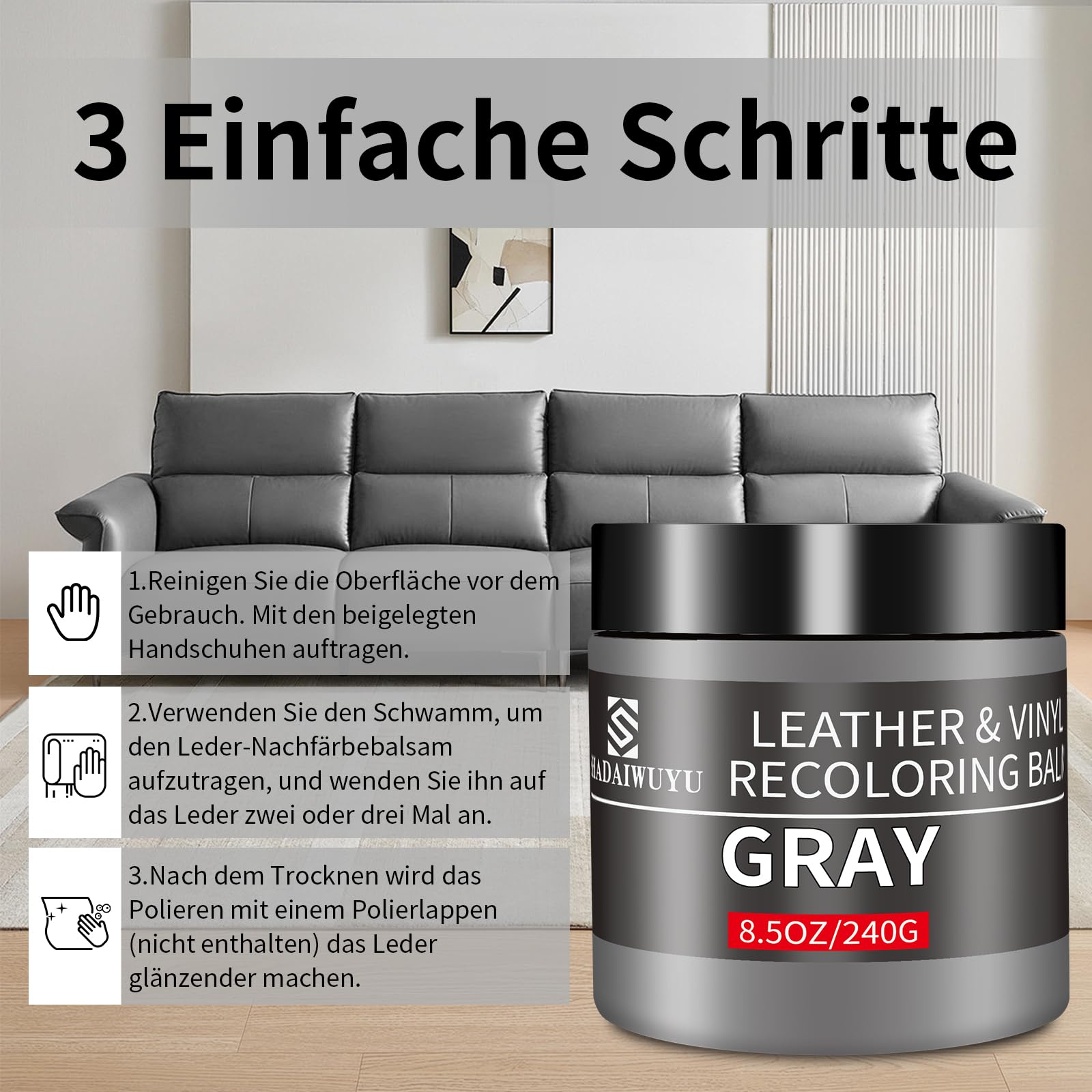 SHADAIWUYU 240g Lederpflege Auto,Leder Reparatur Set Grau,Flüssigleder,Lederfarbe,Kunstleder Reparaturset zum Reparieren von Sofas,Vinylmöbeln,Autositz,Lederschuhen,Sattel bei Verblassen und Kratzern