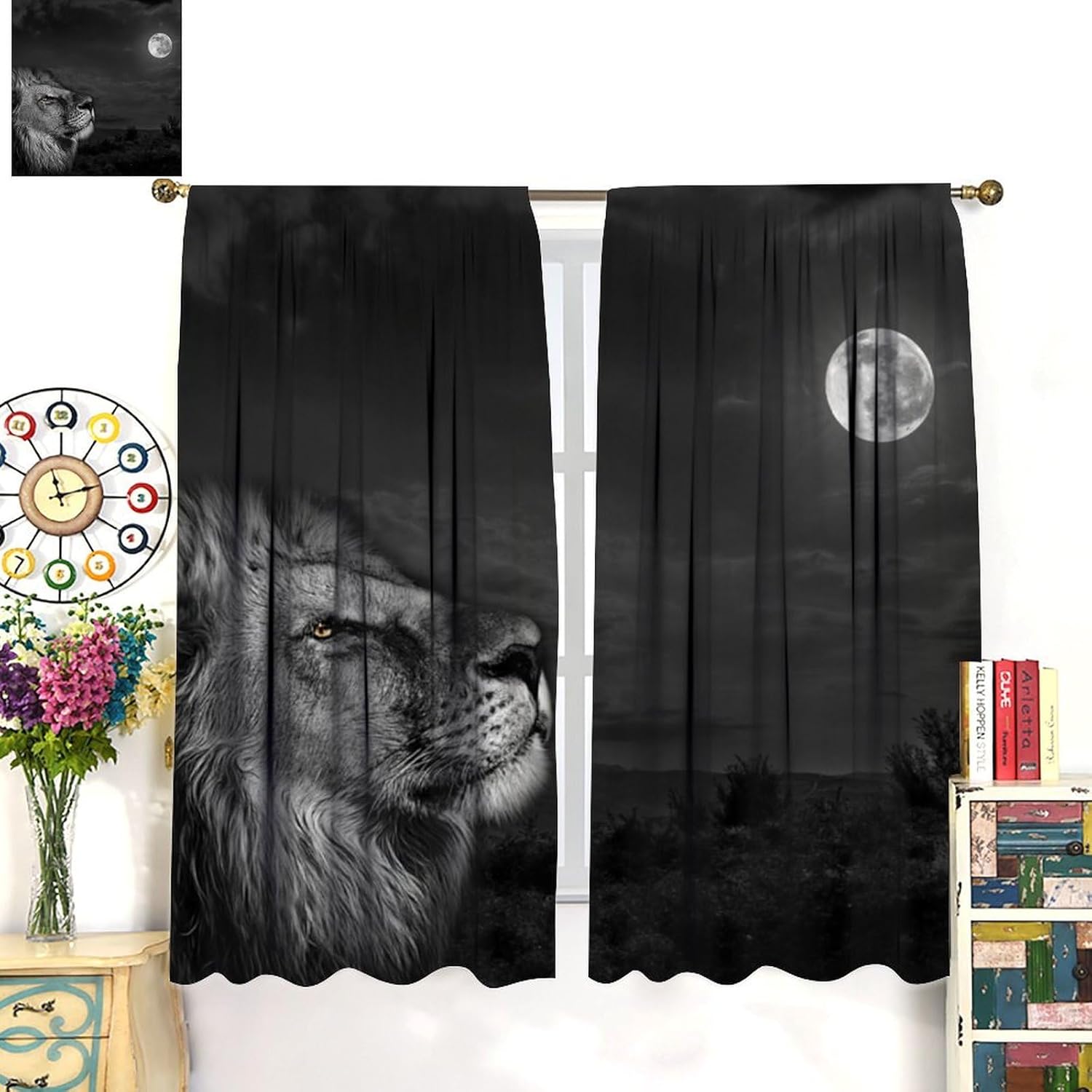 Lion Curtains for Bedroom,Black and White Lions Window Treatments for Living Room Kitchen Nightscape Moon Art Printed Polyester Fabric Drapes 2 Panels Set,Total Size 42 x 63 Inch