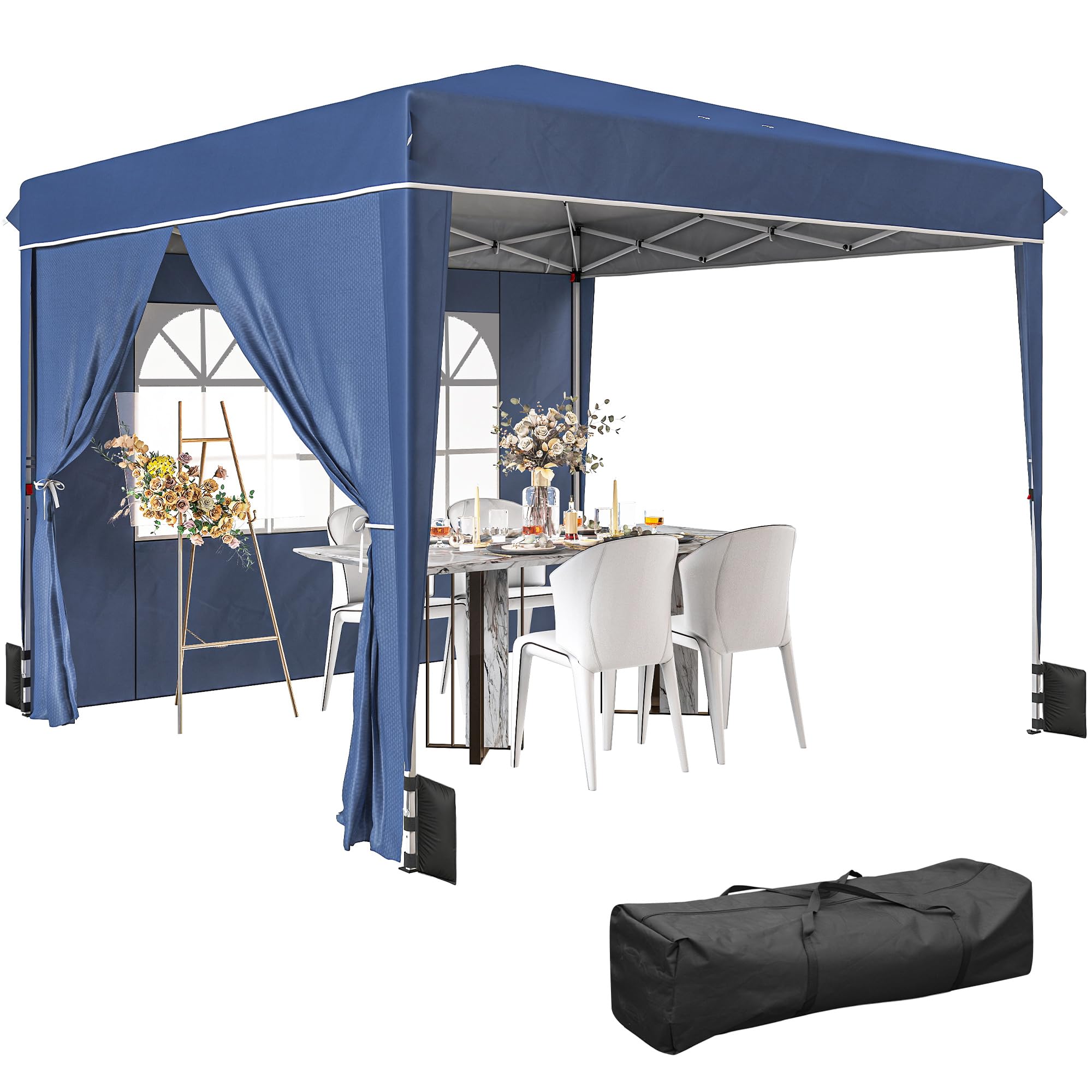 Outsunny Gazebo 3x3m Pieghevole Pop Up Altezza Regolabile, Gazebo da Giardino con Pareti Laterali, UV50+, Blu Scuro
