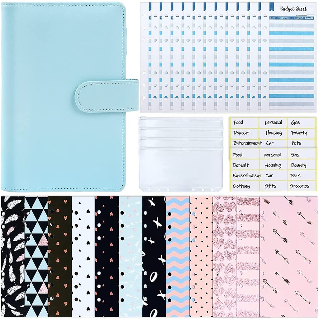 Organiseur d'enveloppes budgétaires avec 12 enveloppes de dépenses, 31 feuilles de budget A6 et 4 poches de classeur, idéal pour le budget et la gestion de l'argent.