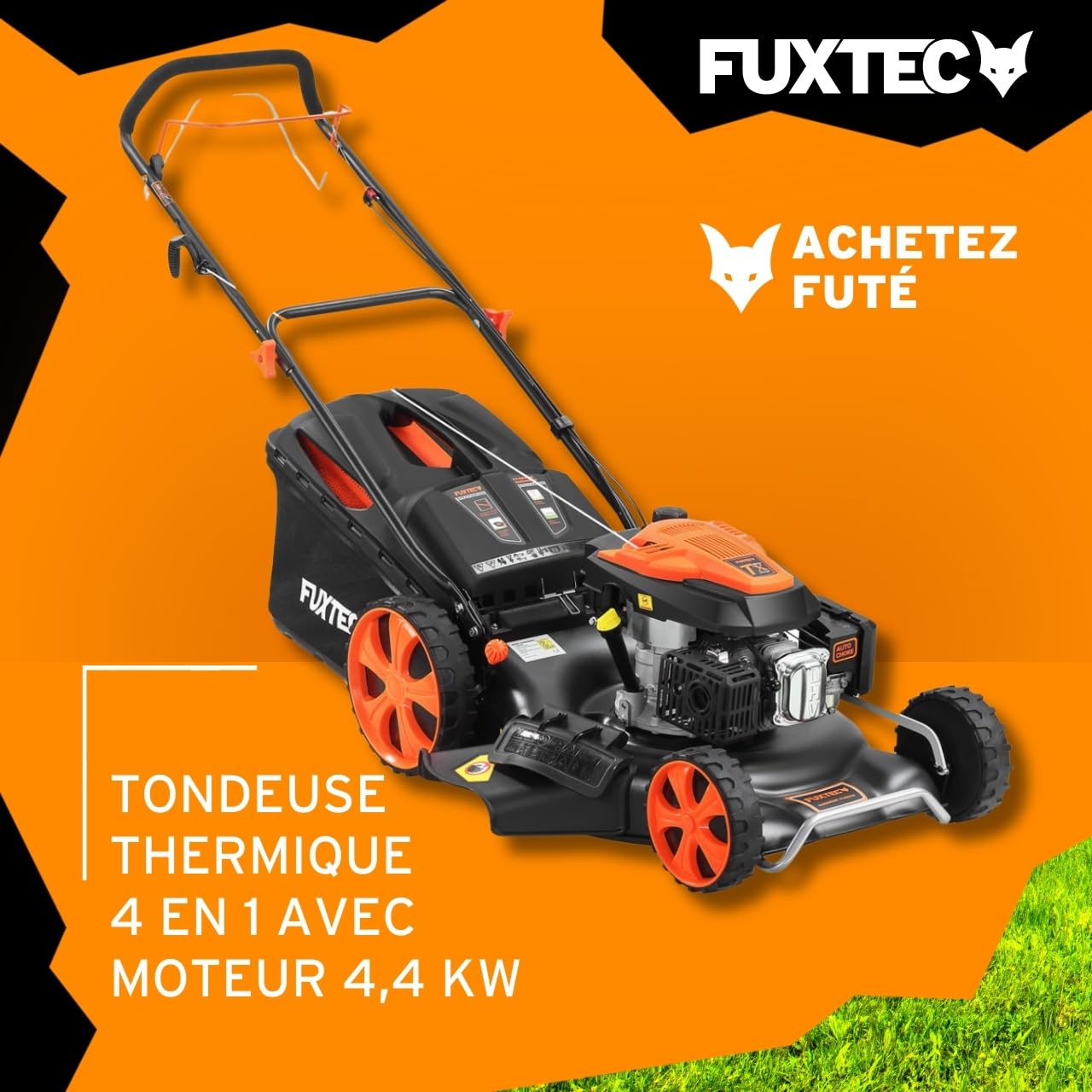 FUXTEC Tondeuse Thermique FX-RM5396 avec Largeur de Travail 53cm autotractée puissante cylindrée 196cm3 Easy Clean 4en1 6CV / 4,4KW Mulching/bac de ramassage 70L