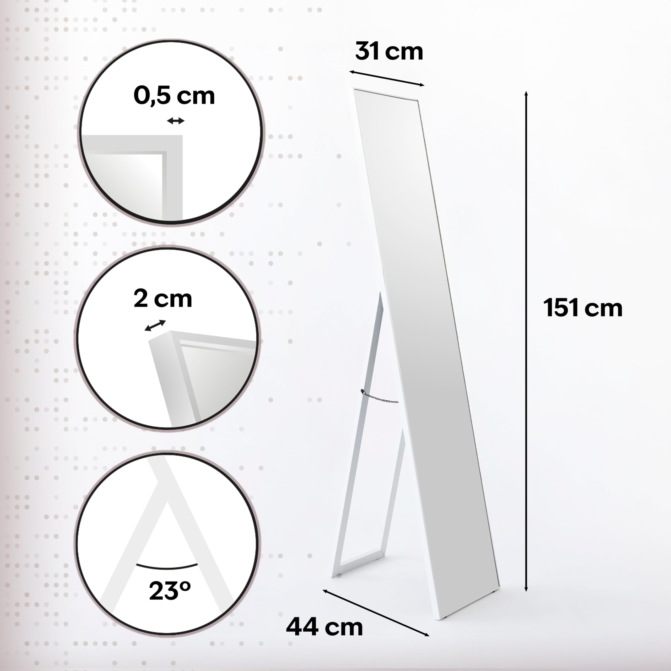 LOLAhome Espejo de pie de cuerpo entero 151x31 cm marco de madera blanco Soporte Plegable