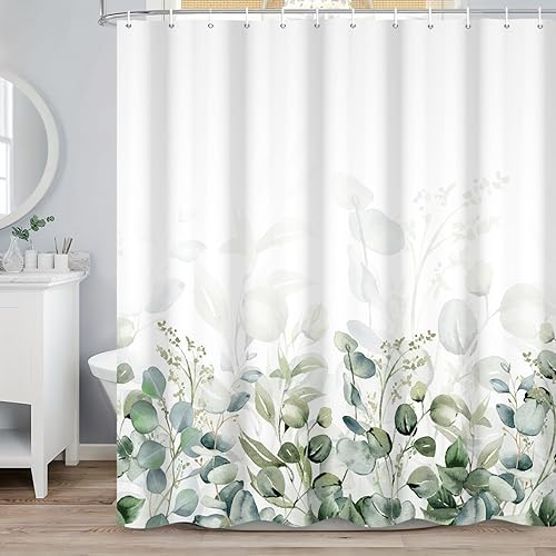 Miniatura 2 de Renaiss Cortina de ducha de hojas verdes de 72 x 72 pulgadas, acuarela, eucalipto, salvia, plantas botánicas, flores, paisajes naturales, cortinas