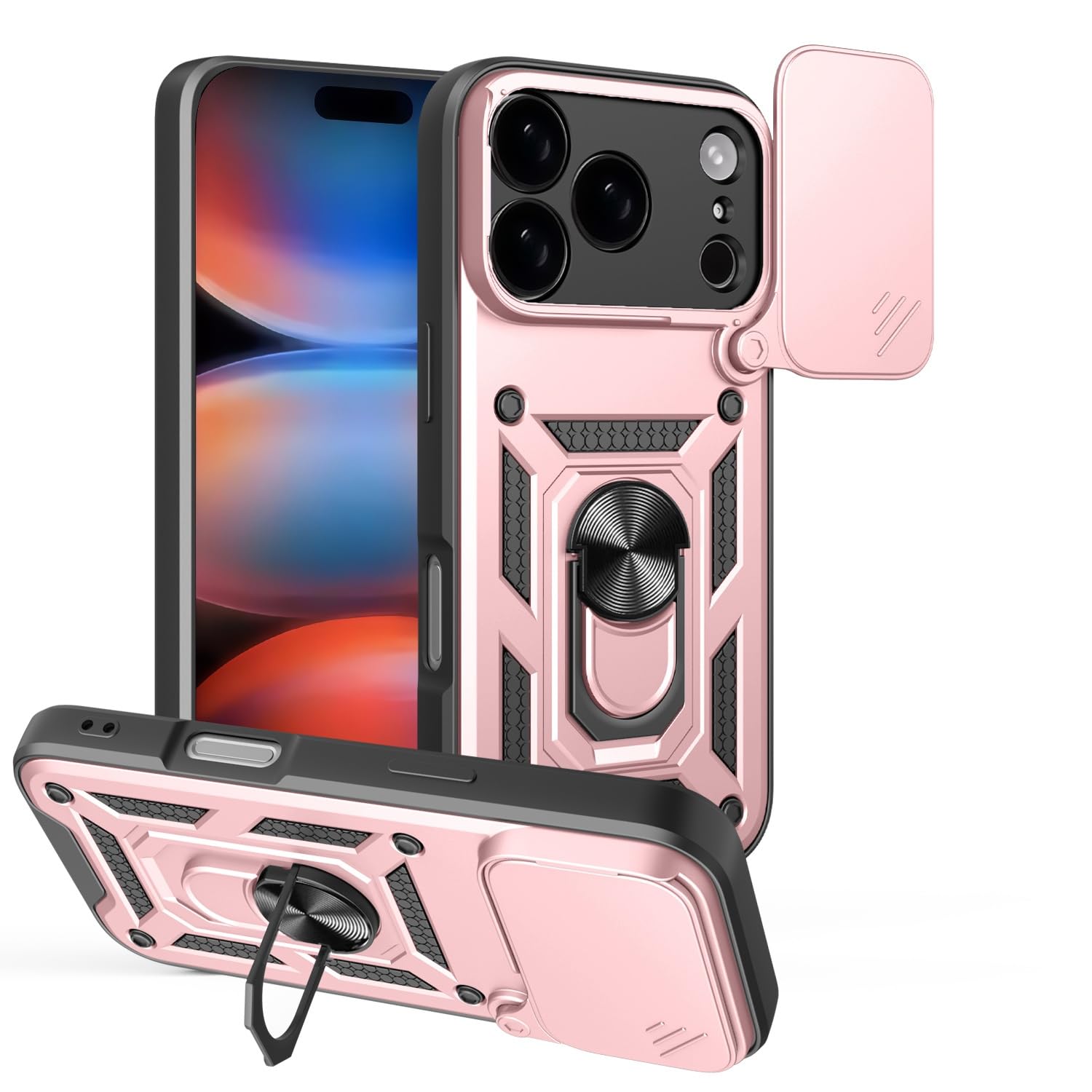 Coque iPhone 17 Pro haut de gamme or rose avec béquille et cache objectif - 8