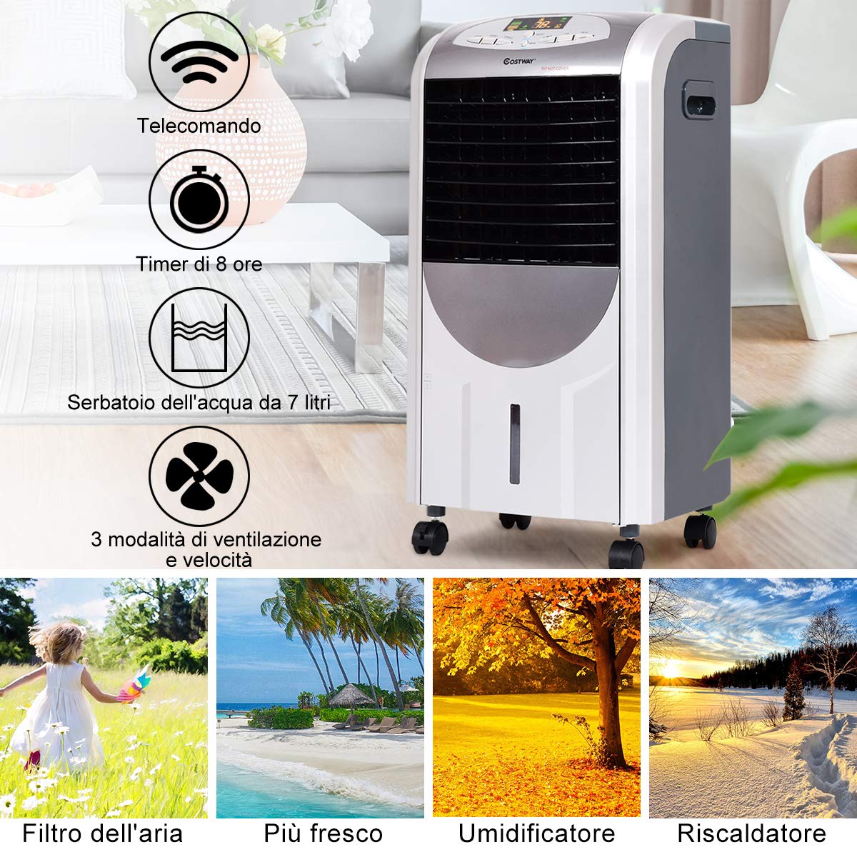 COSTWAY Condizionatore per Freddo Caldo, Ventilatore Climatizzatore da Terra a Evaporazione Portatile, Caldo 2000W, Freddo 75W, con Telecomando