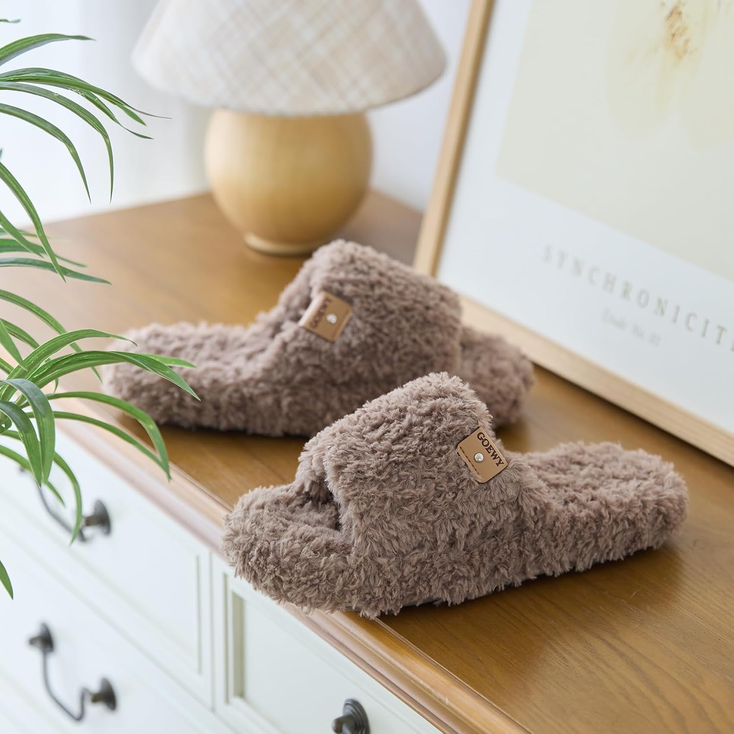 GOEWY Fuzzy Womens Slippers with Memory Foam,Open Toe House Shoes Indoor
