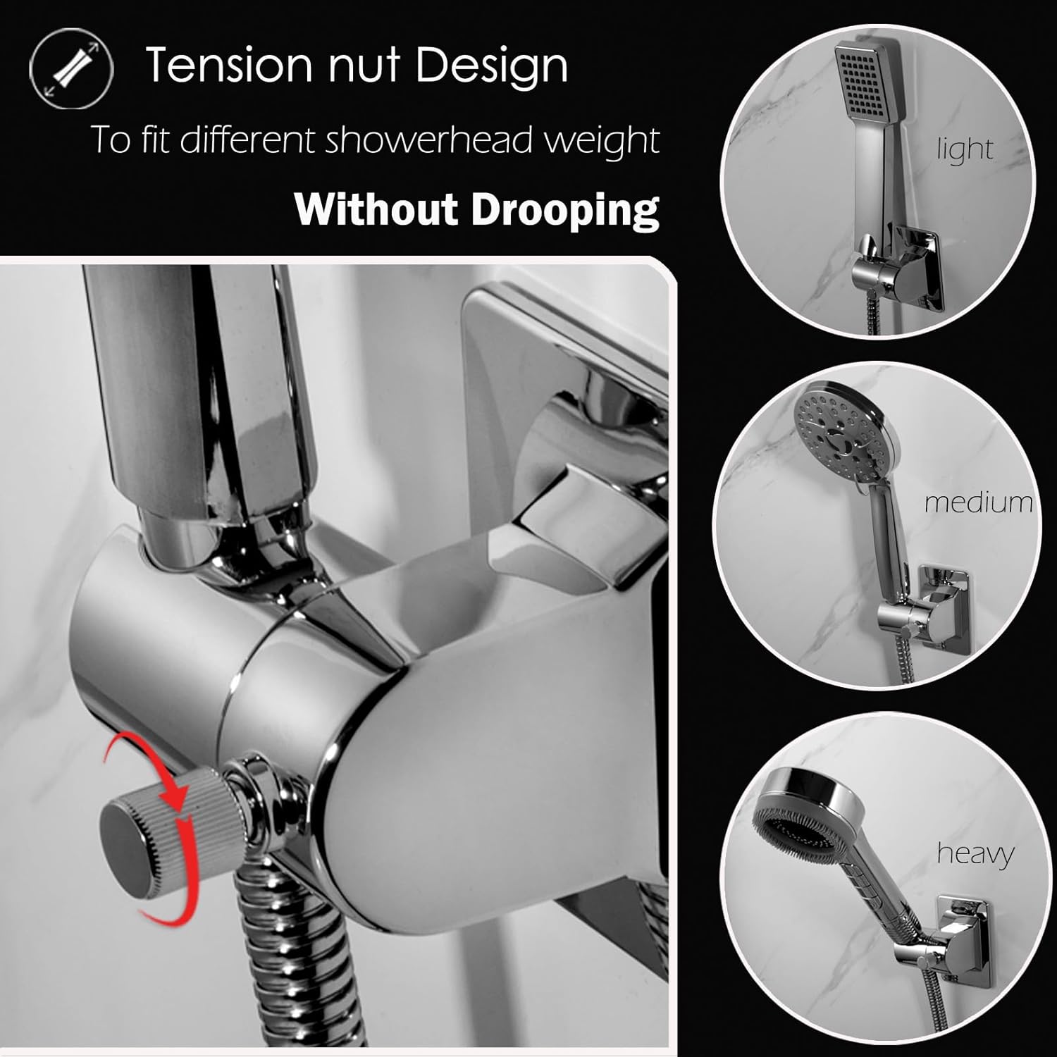 Handheld Shower Head Holder - No Drill - 360 Variable Adjustable - Tension Nut for Different Weight - Universal Shower Hose Fits - Wall Mounted with Strong Adhesive - (Polished Chrome)