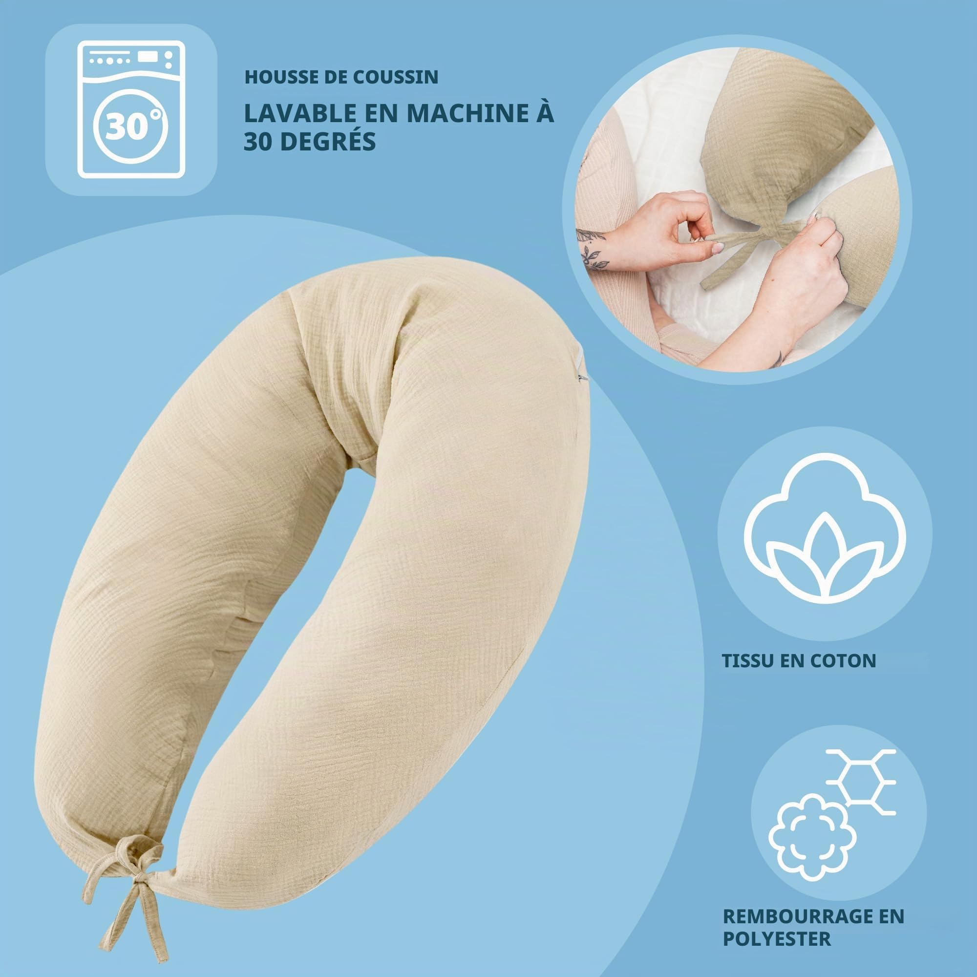 Totsy Baby Coussin de Soutien 190 cm Coussin de positionnement Adulte – Long Coussin de Relaxation pour Lire et s'adosser soutient Le Dos et Les Jambes Housse Amovible Zip Beige Oeko-Tex