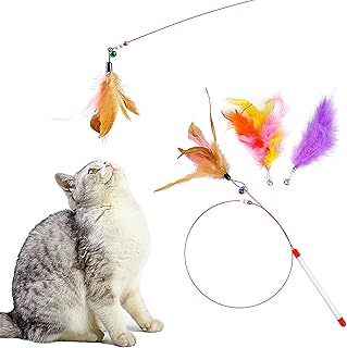 Feather Teaser Cat Toy, 1PCS Cat Wand Toys and 3 PCS Replacement Teaser with Bell Refills, Interactive Catcher Teaser and Exercise Playing Toy for Kitten or Cats