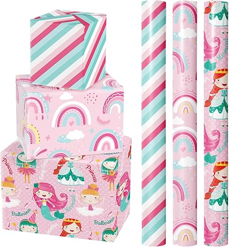 LeZakaa Rollo de papel de regalo de cumpleaños mini rollo diseño de sirenaarco irisrayas para niñas niños y mujeres 17 x 120 pulgadas 3 rollos 425