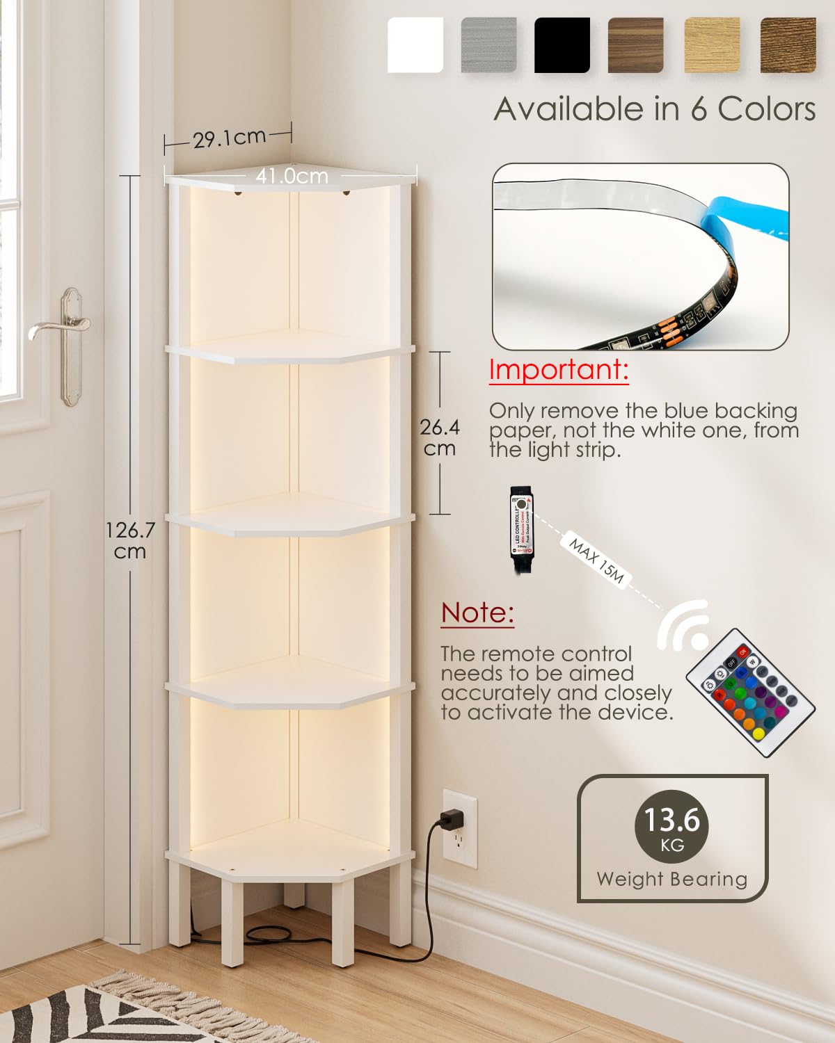 Scaffale angolare a LED con illuminazione, 5 ripiani, libreria angolare, scaffale per piante, per soggiorno, ufficio, camera da letto, 127 x 29 x 29 cm, bianco