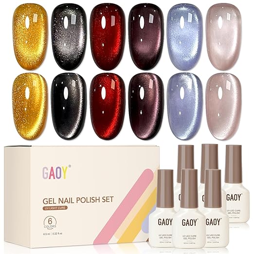 GAOY Cat Eye Gel Nail Polish Set with Magnet, 6 Colors Gold Red Black Glitter Gel Holography, Long Lasting for Nail Art at Home & Salon Manicure