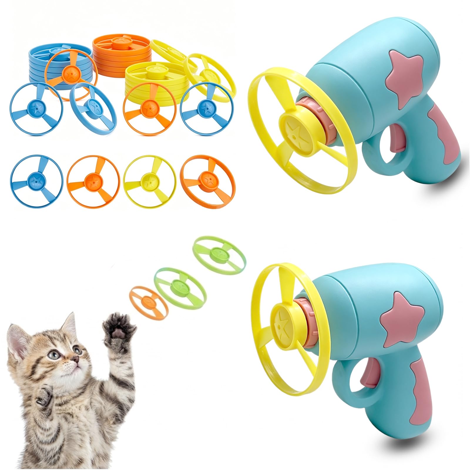 2 Stück Katzen Spielzeug Interaktives, Katzenspielzeug Set mit 2 Blau Launchers und 20 Bunten Flugscheiben, Propeller Spielzeug für Katzen, Cat Fetch Toy für Indoor und Outdoor Training Jagen Schlagen