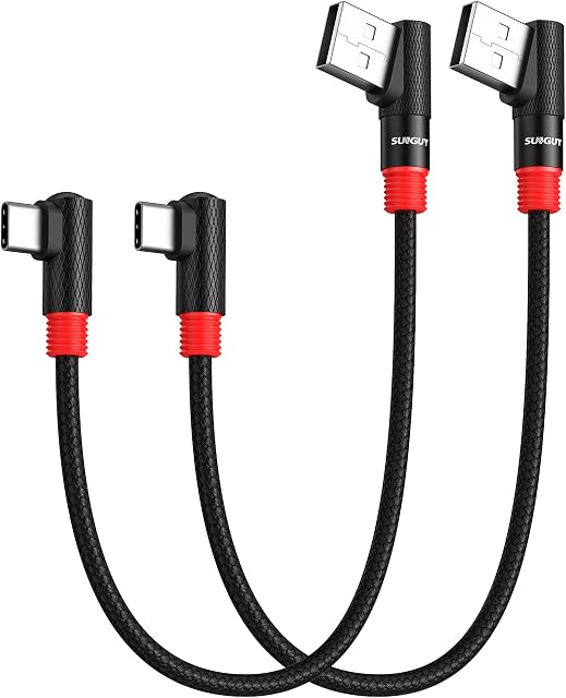 SUNGUY USB C Cable 90 Degree Right Angle USB 2.0 Type C Cord Fast Charge Data Sync 2Pack