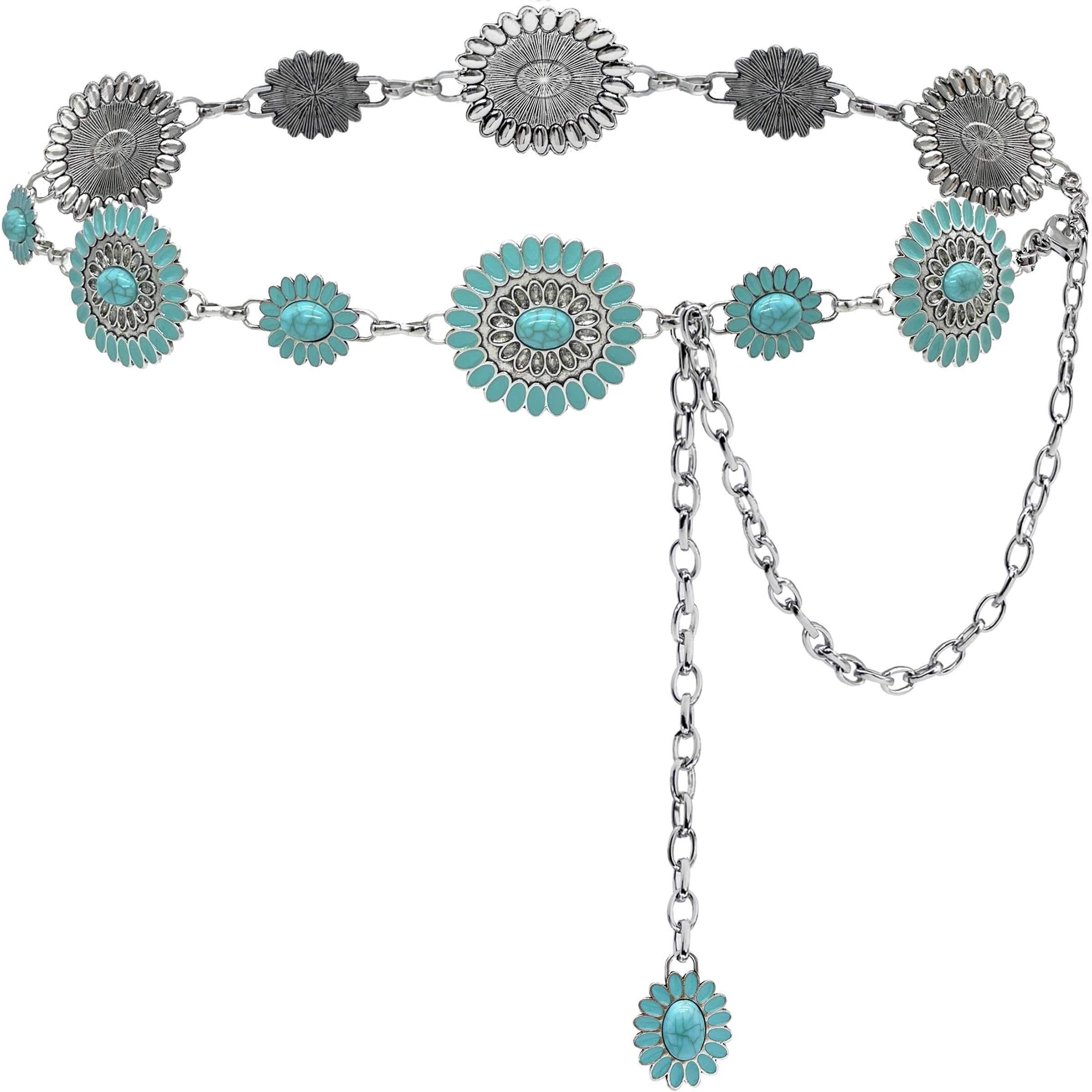 Turquoise Belt Western Chain Belt Cowgirl Country Silver Metal Concho Belts Women Jeans Dresses