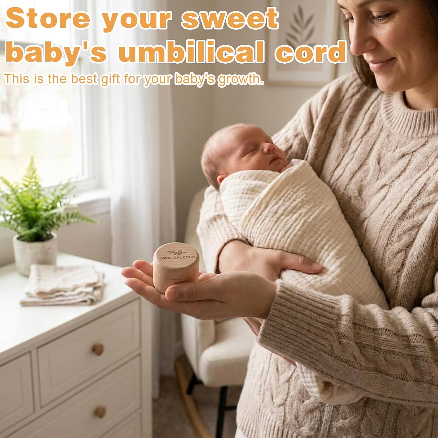 Baby Umbilical Cord Memorial Box with Transparent Box Round Newborn Wood Keepsake Case Minimalist Wooden Tooth Boxes Fetal Hair Memorial Storage Container Gift for Baby Shower Christening