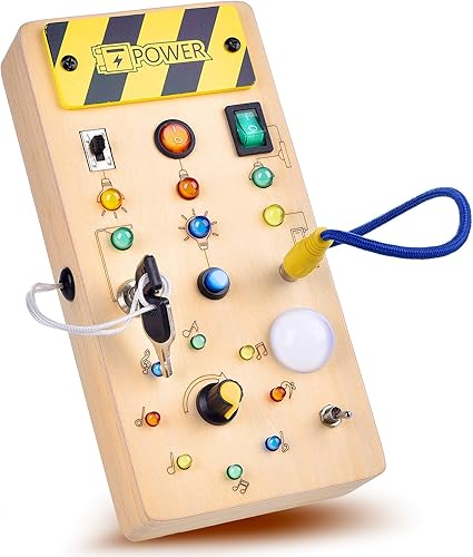 Montessori - Tablero de actividades con 8 luces LED para niños pequeños, tablero de interruptor de madera para bebé, juguete sensorial para bebés y