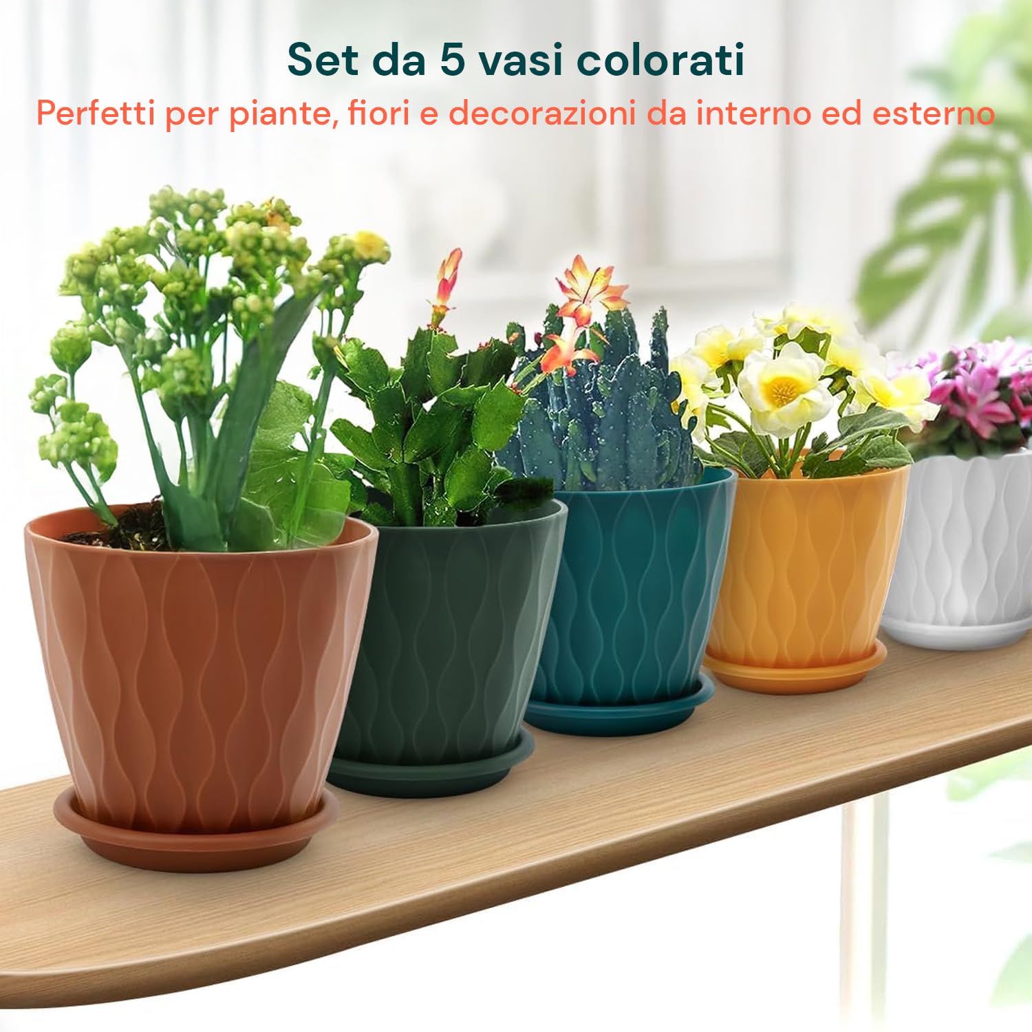 Avilia - Set 5 Vasi per Piante da Interno 15cm con Foro di Drenaggio, Sottovaso Rimovibile, Plastica Resistente Multicolore, Ideali per Arredare Casa con Stile e Coltivare con Facilità
