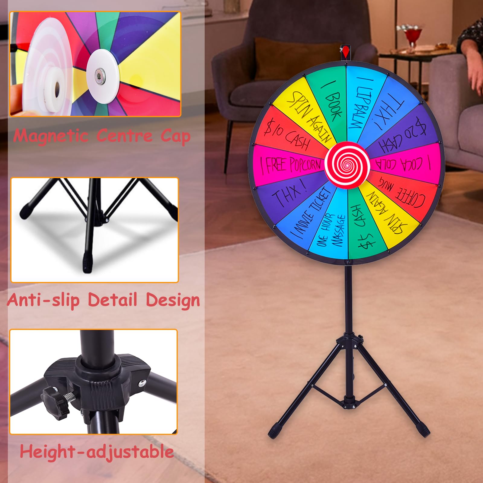 SOARS Ruota della Fortuna 24'', 14 Shot, da Terra con Altezza Regolabile, con Pennarello e Cancellino Riutilizzabile, Base Stabile a Treppiede, per Feste, Carnevale e Ferie (Ø60 cm, 111-157cm)