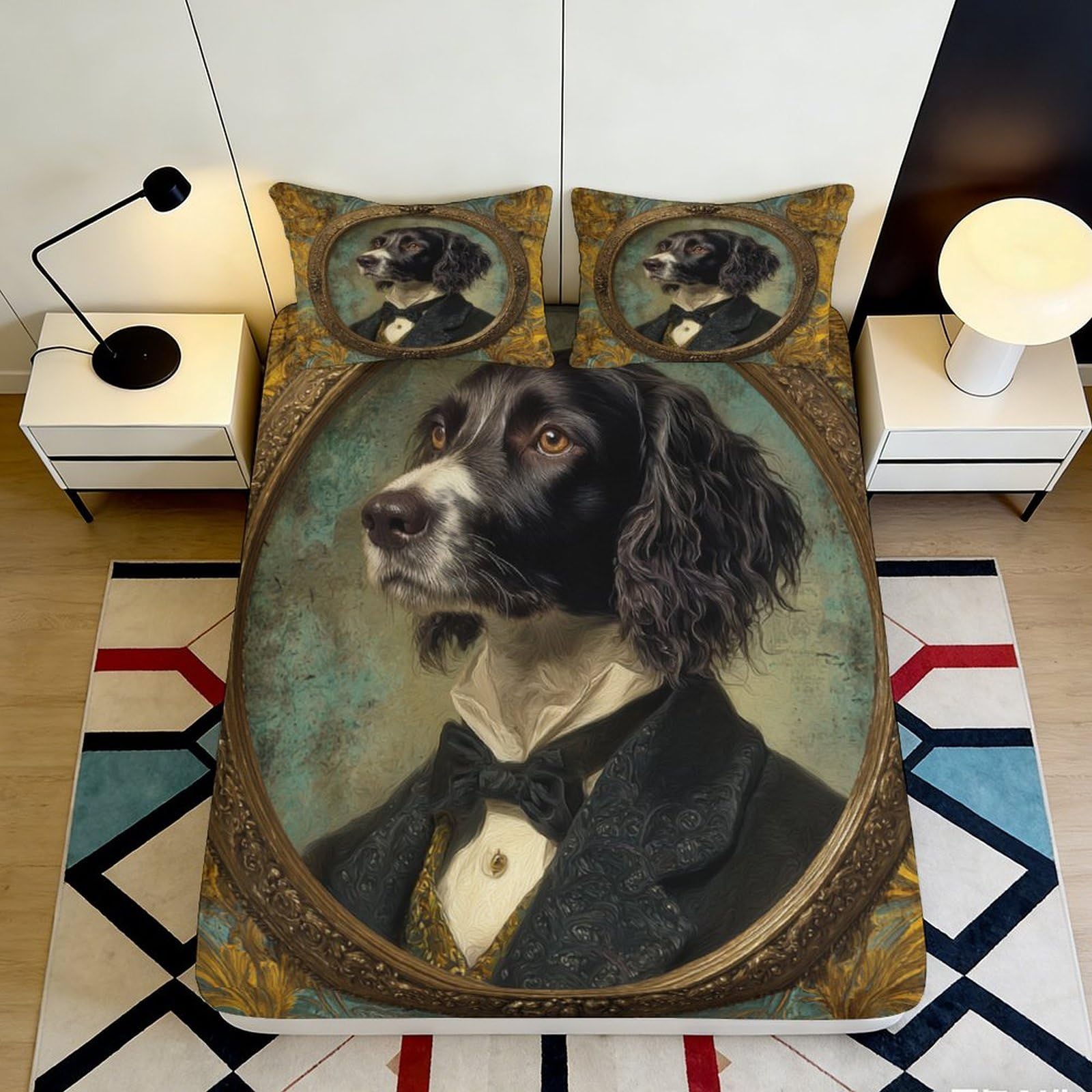 3D Printed Vintage Dog Portrait Fitted Sheet Microfiber Artistic Bed Sheet for Bedroom Dorm Mattress Protection Decor 90x200x25cm