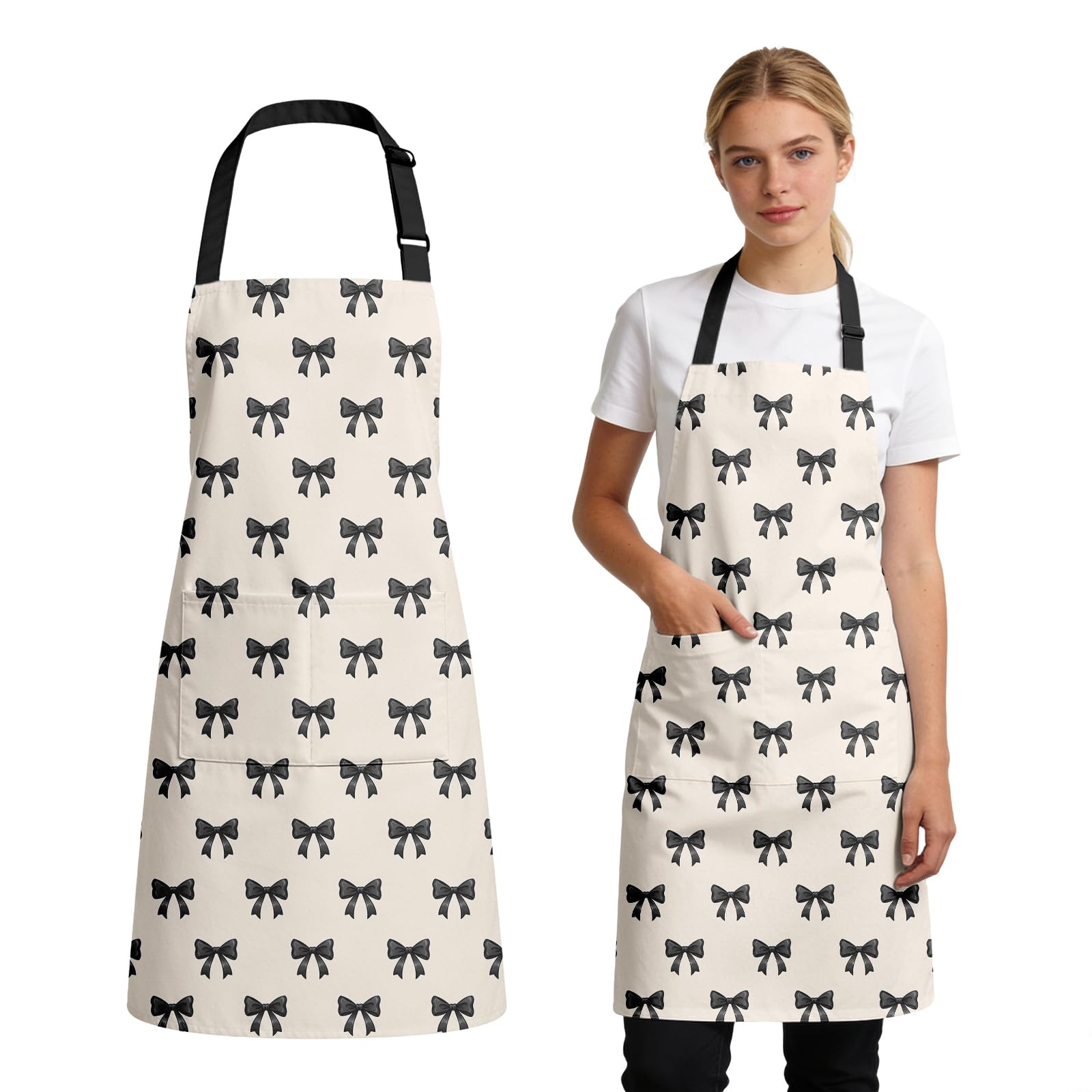 NEIUJADK Black Bowknot Apron With Pocket, Waterproof Adjustable Black Bow Apron for Women, Cute Bow Gift Aprons for Chef Kitchen, Gardening, Restaurant, Barbecue, Coffee