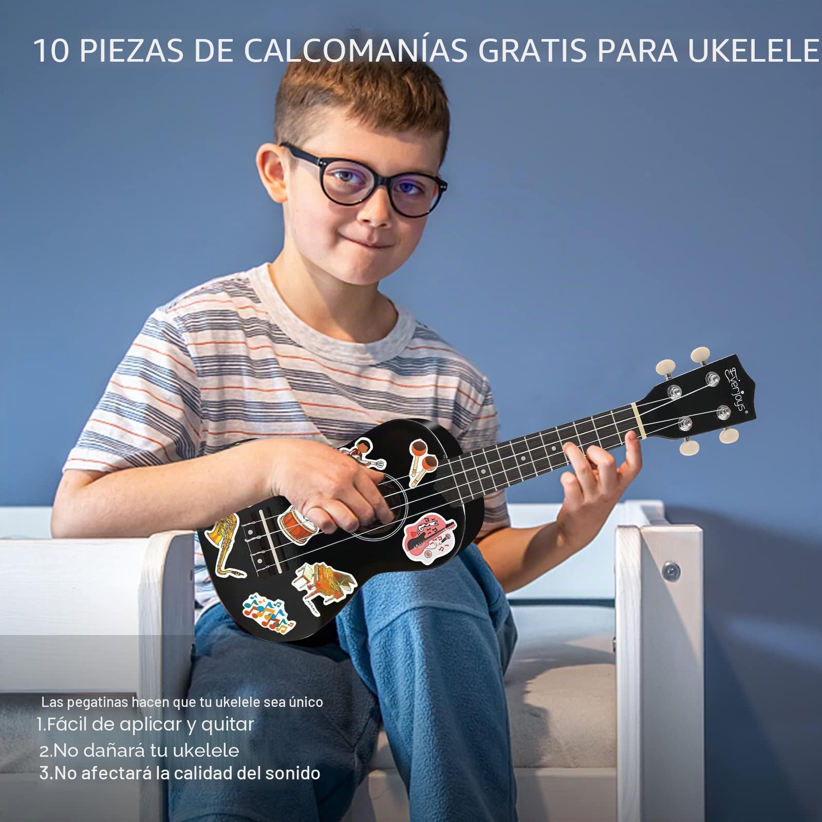 Everjoys Kit de ukelele soprano para principiantes, para niños, adultos, estudiantes, 21 pulgadas, correa de repuesto, cuerda de repuesto, paño de pulido, púas de cancionero (negro brillante)